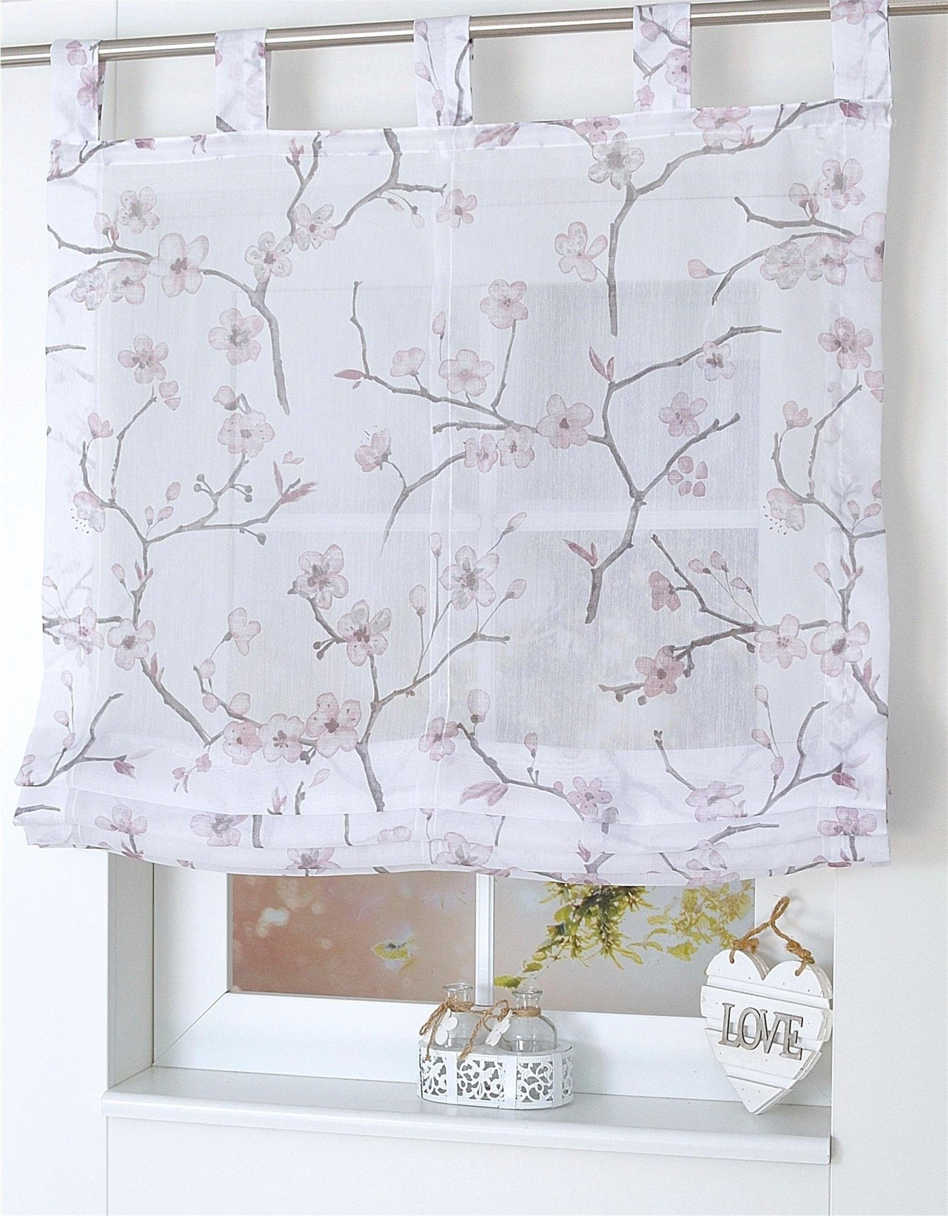 Kutti Raffrollo Aiko, mit Schlaufen, freihängend, weiß, halbtransparent, bedruckt, Motiv, pflegeleicht