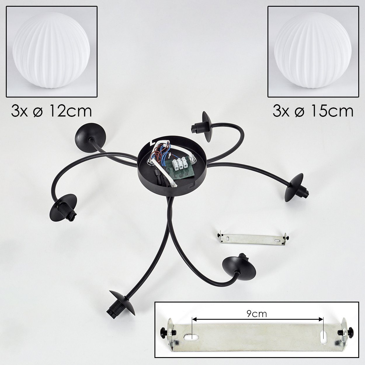hofstein Deckenleuchte Deckenlampe aus Metall/Glas in Schwarz/Milchglas in Riffel-Optik, ohne Leuchtmittel, Leuchte im Retro-Design aus Glas, 6 x G9 LED, ohne Leuchtmittel