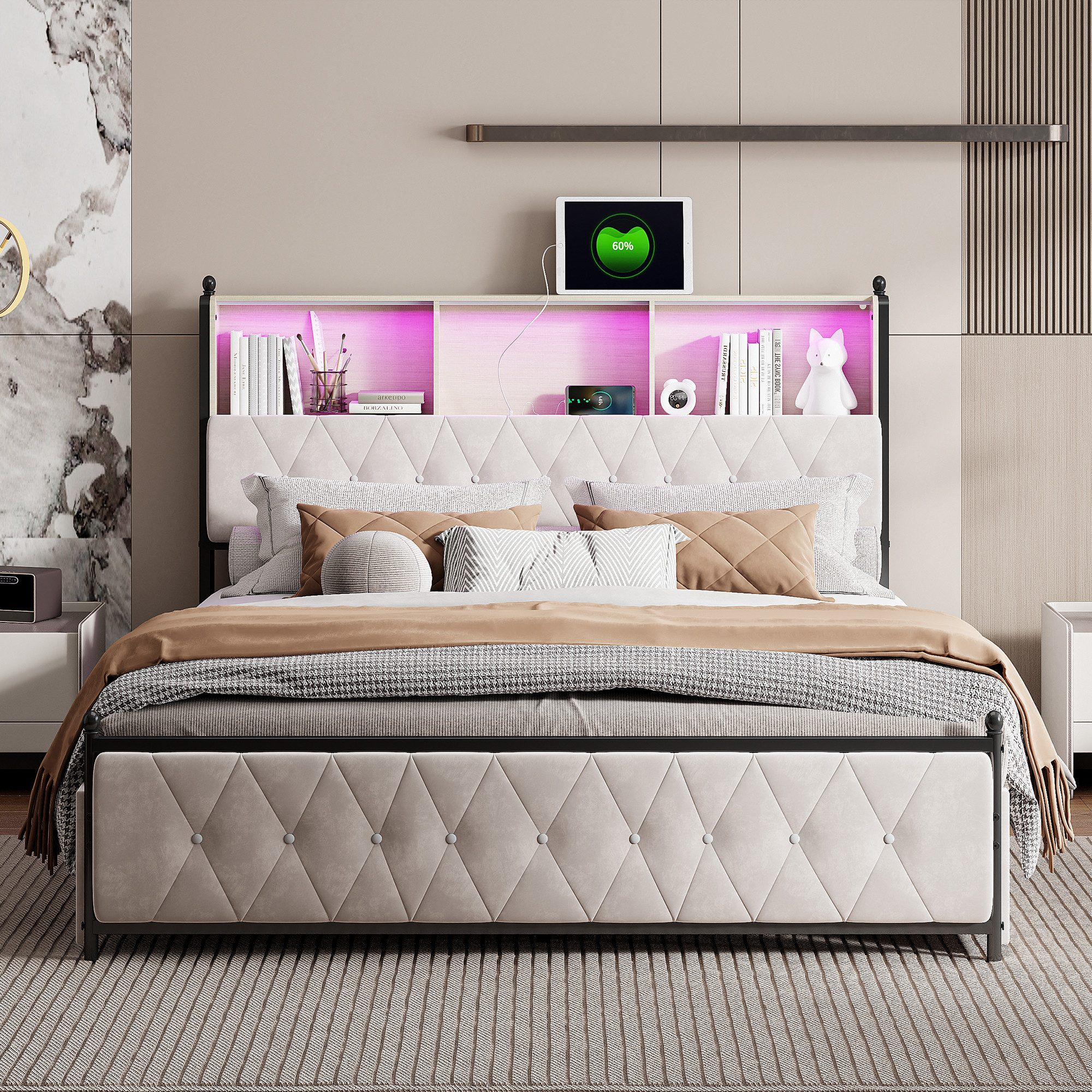 FUROKOY Polsterbett Doppelbett Stauraumbett mit USB+Type günstig online kaufen