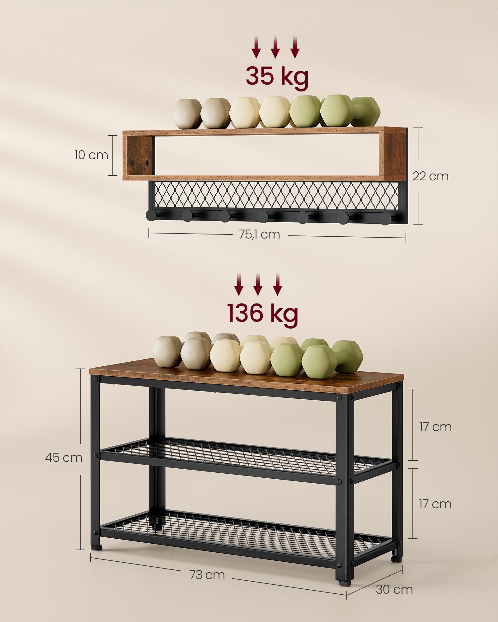 VASAGLE Garderoben-Set, Garderobe mit Sitzbank, Industriestil, Magnetfunktion