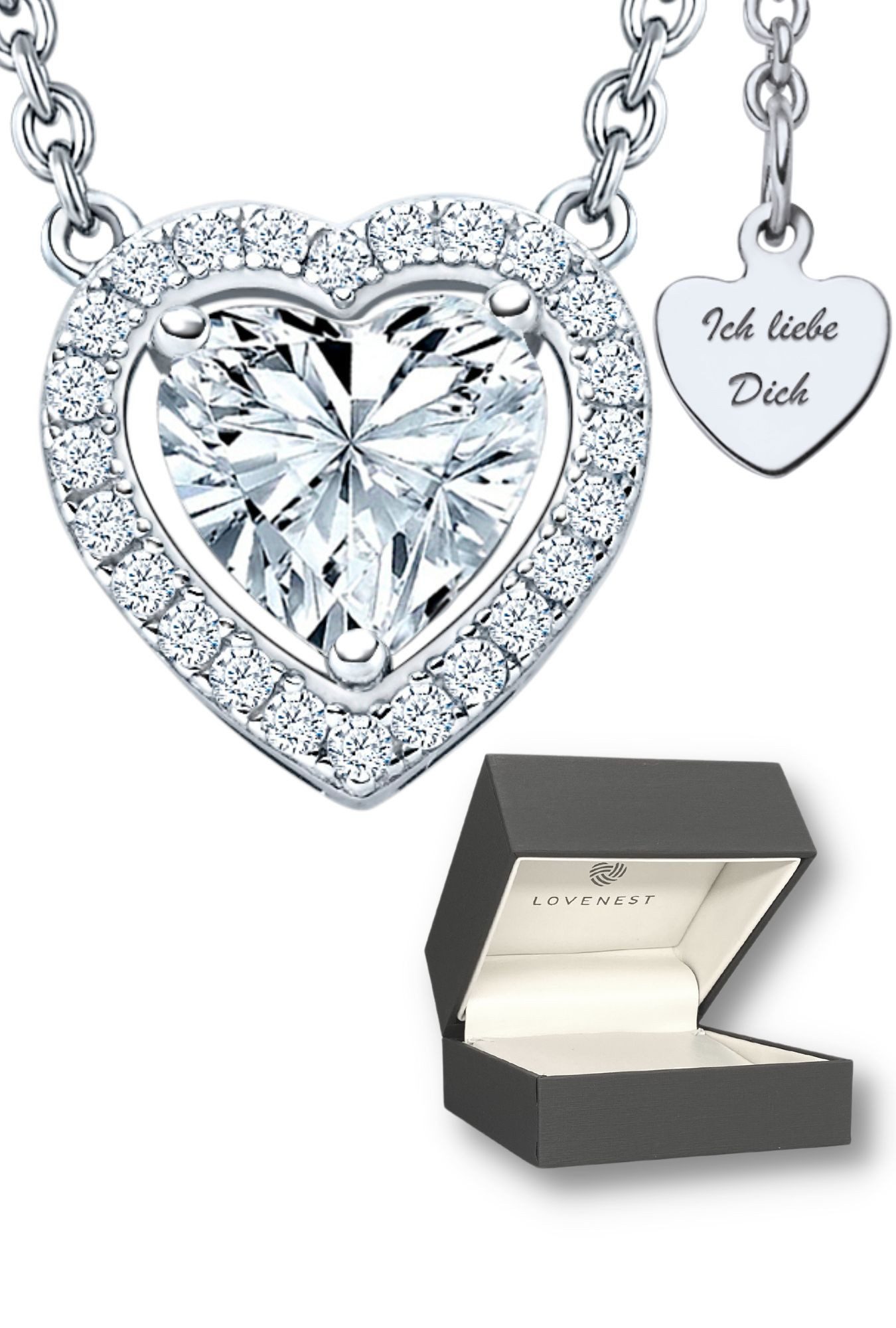 LOVENEST Herzkette Halskette Damen Silber 925 / Gold vergoldet mit Herz-Anhänger Zirkonia (Silberkette Anhänger Geschenke für Frauen Weihnachtsgeschenk Freundin, Geschenkset Damenkette Weihnachten Set), Sie Geburtstag Hochzeitstag Liebesbeweis Liebesgeschenk Herz Schmuck