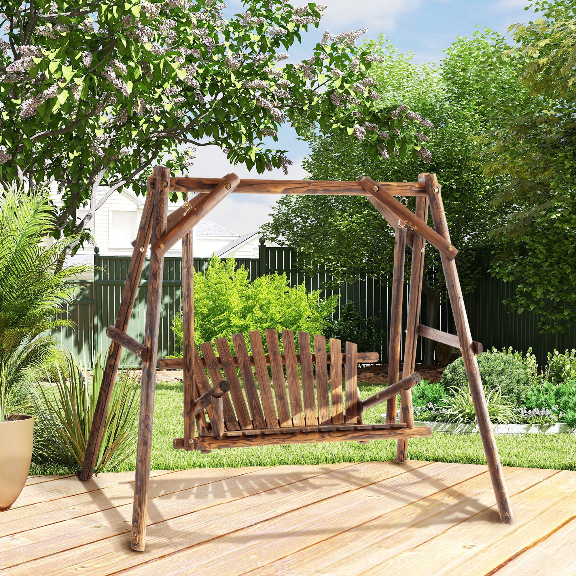 Outsunny Hollywoodschaukel Hängebank, 2-Sitzer, Bettfunktion, Gartenschaukel, 1 tlg., Schaukelbank, für Garten, Balkon, Braun