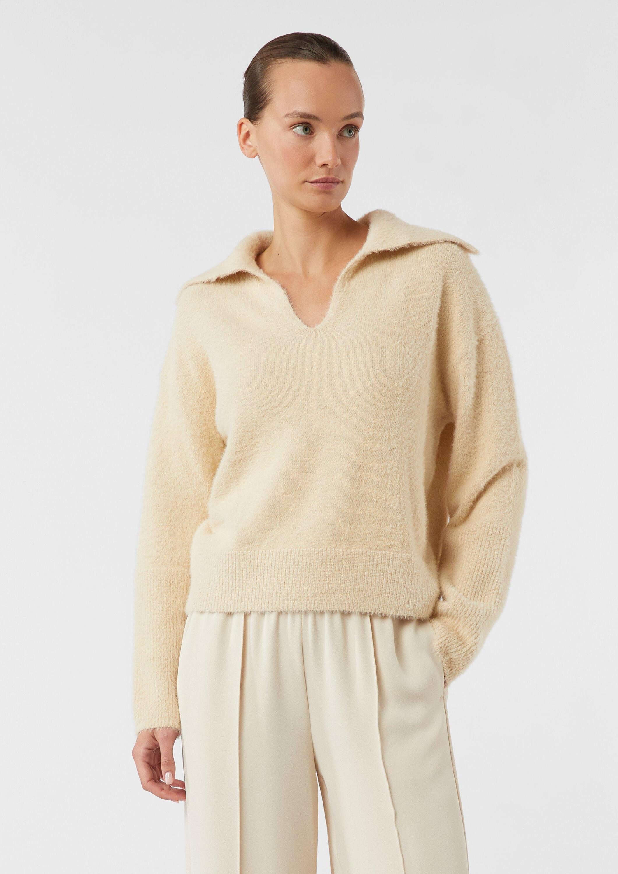 comma Longpullover Strickpullover Verkürzter Pullover mit V-Ausschnitt und Umlegekragen