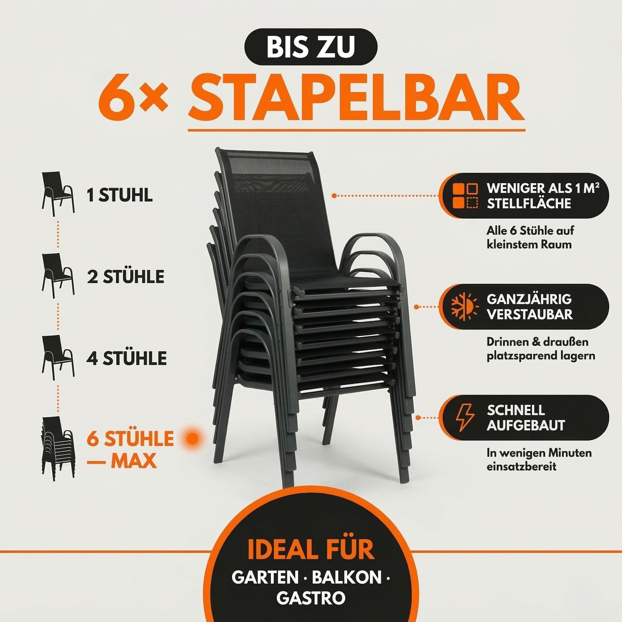 Albatros International Gartenstuhl Gartenstuhl KUBA stapelbar, 2er Set bequem belastbar Metall (mit robustem Metallgestell und hoher Belastbarkeit – Stapelstühl – Bild 5 von 5