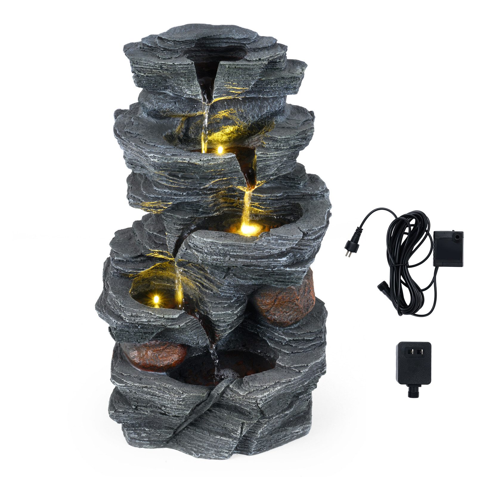 KOMFOTTEU Zimmerbrunnen, Tischbrunnen mit Steineffekt, LED-Licht & leiser Pumpe