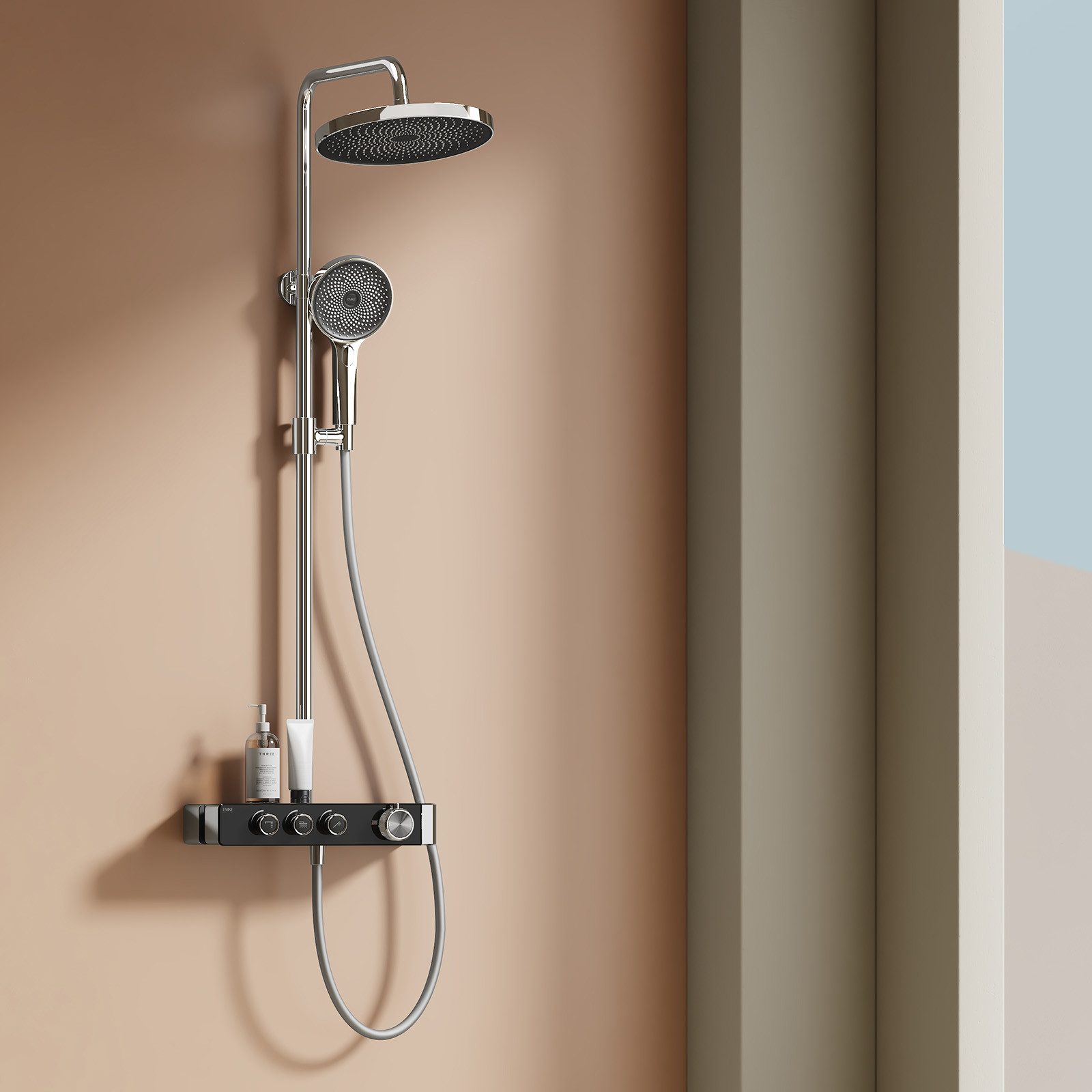 Duschsystem mit Thermostat runde Regendusche 35cm, Handbrause und Duscharmatur