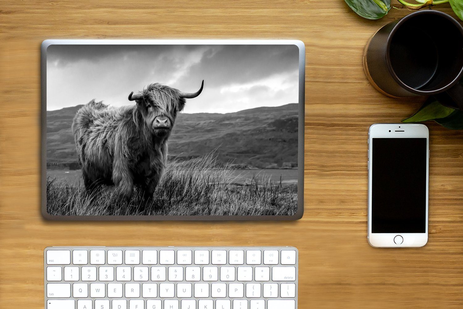 Thumbnail - MuchoWow Laptop-Aufkleber Schottischer Highlander - Berg - Wasser - Natur - Kuh, (1tlg), Laptop Folien Cover, Aufkleber,...