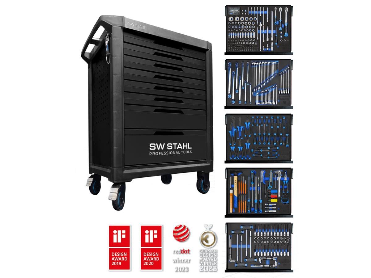 SW-STAHL Werkstattwagen Profi TT801, befüllt, max. Traglast:80 kg, 341-tlg. Werkzeugset, TWIN-Lock-Schließsystem, Heavy-Duty-Auszugschienen und TPE-Laufflächen