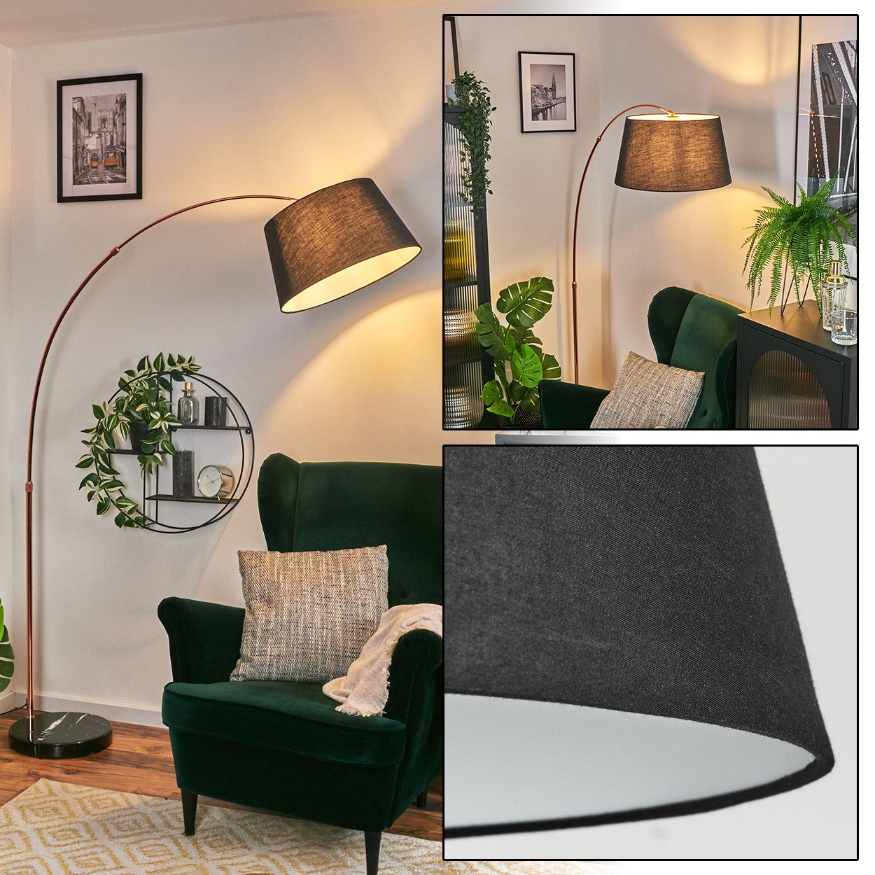 hofstein Bogenlampe Stehlampe mit Marmorfuß aus Metall/Stoff in Schwarz/Kupferfarben/Weiß, verstellbare Stehleuchte im modernen Design mit Fußschalter, E27