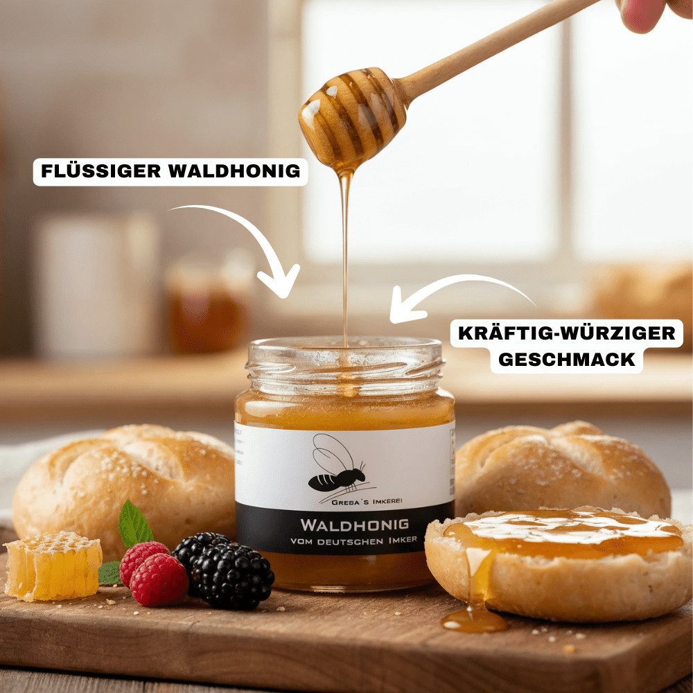 Grega´s Imkerei Honig Waldhonig 250g aus Deutschland, 1 x 250 g, (würzig, natürlich & echt handgemacht, Direkt vom Imker), flüßiger deutscher Waldhonig, echter Honigtauhonig