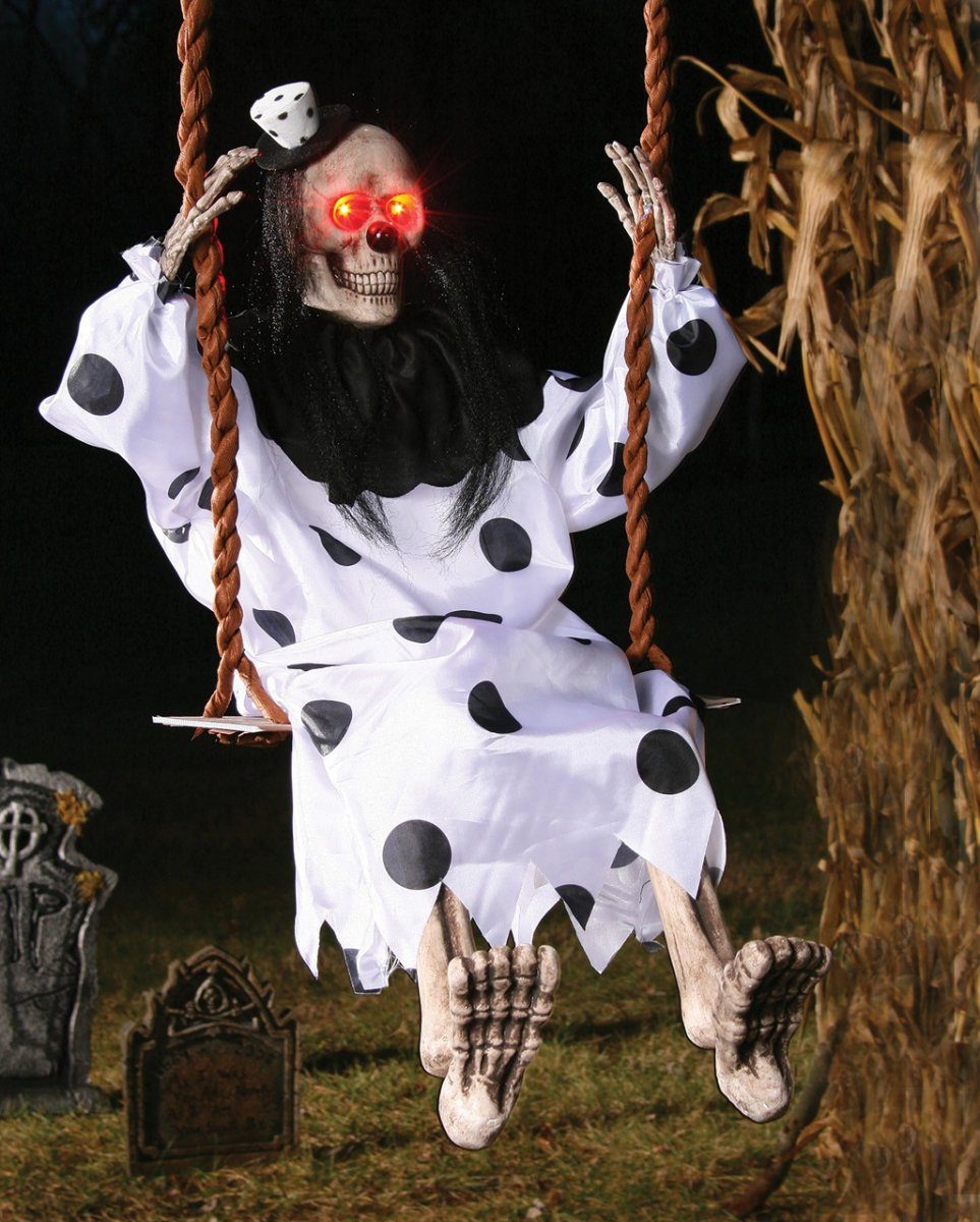 Horror-Shop Dekofigur Clown-Skelett mit roten LED Augen auf Schaukel