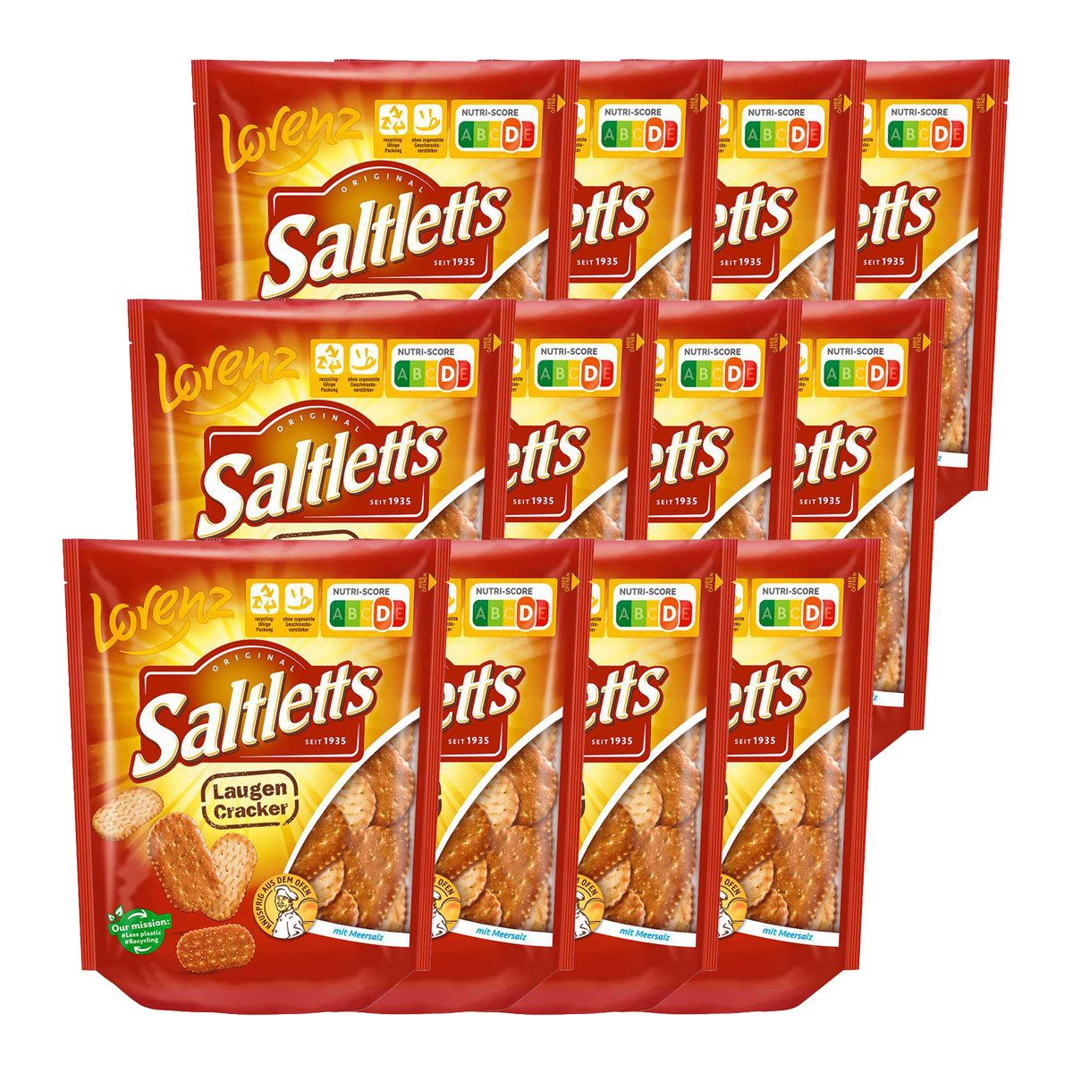 LORENZ Knabberei, Lorenz Saltletts Laugencracker Laugengebäck Meersalz 150g 12er Pack