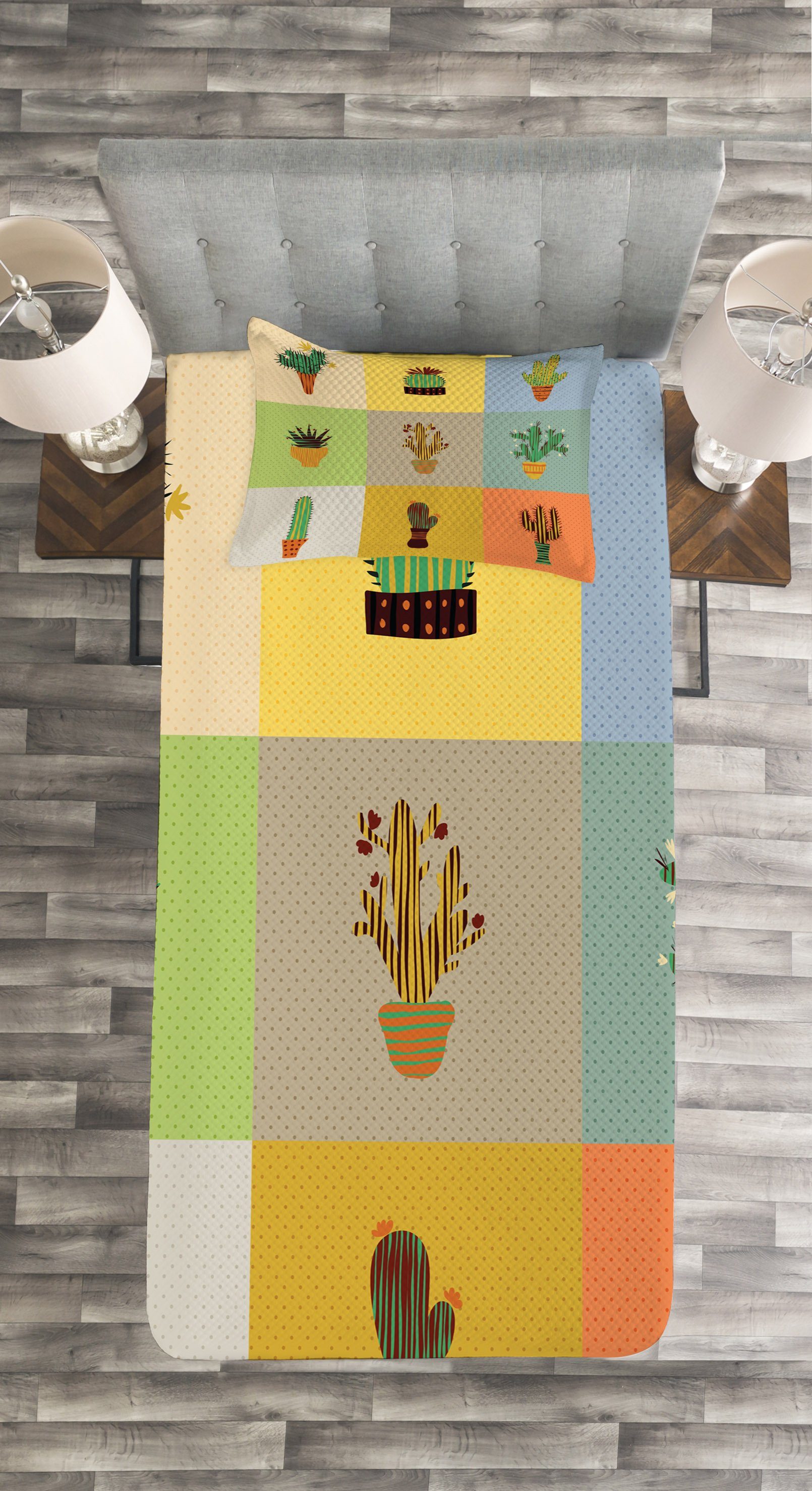 Tagesdecke Set mit Kissenbezügen Waschbar, Abakuhaus, Kaktus Kaktus-Blume Botanischer
