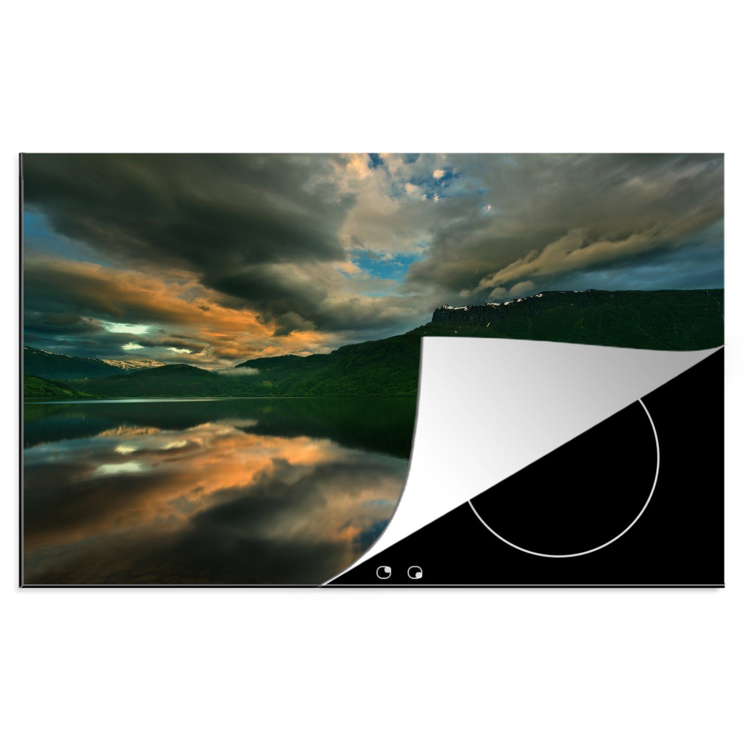 MuchoWow Herdblende-/Abdeckplatte Fjord mit spiegelglattem Wasser und einem Boot, Vinyl, (1 tlg), 81x52 cm, Induktionskochfeld Schutz für die küche, Ceranfeldabdeckung