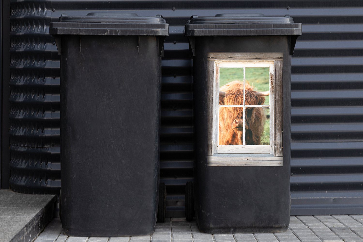 MuchoWow Wandsticker Schottischer Highlander Holz Ansicht St), Abfalbehälter Sticker, Mülltonne, - - - Container, Mülleimer-aufkleber, (1 Fenster