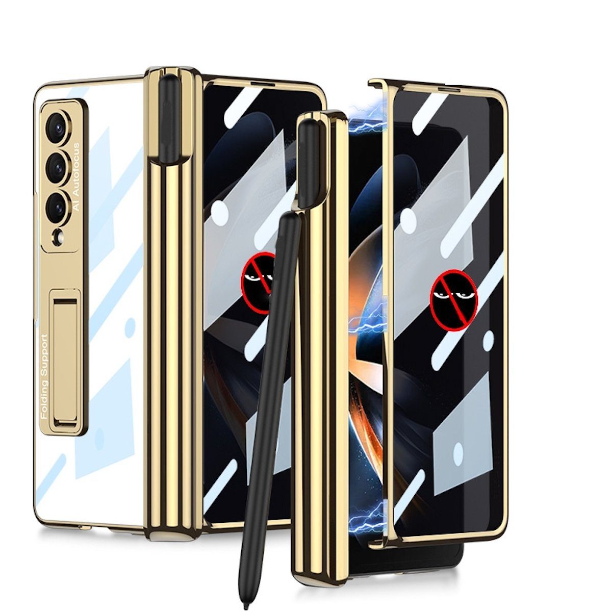 Wigento Handyhülle Für Samsung Galaxy Z Fold4 5G Magnetische Aluminium /  Glas PRIVACY Handy Tasche Hülle Etuis Gold + Stift Halterung