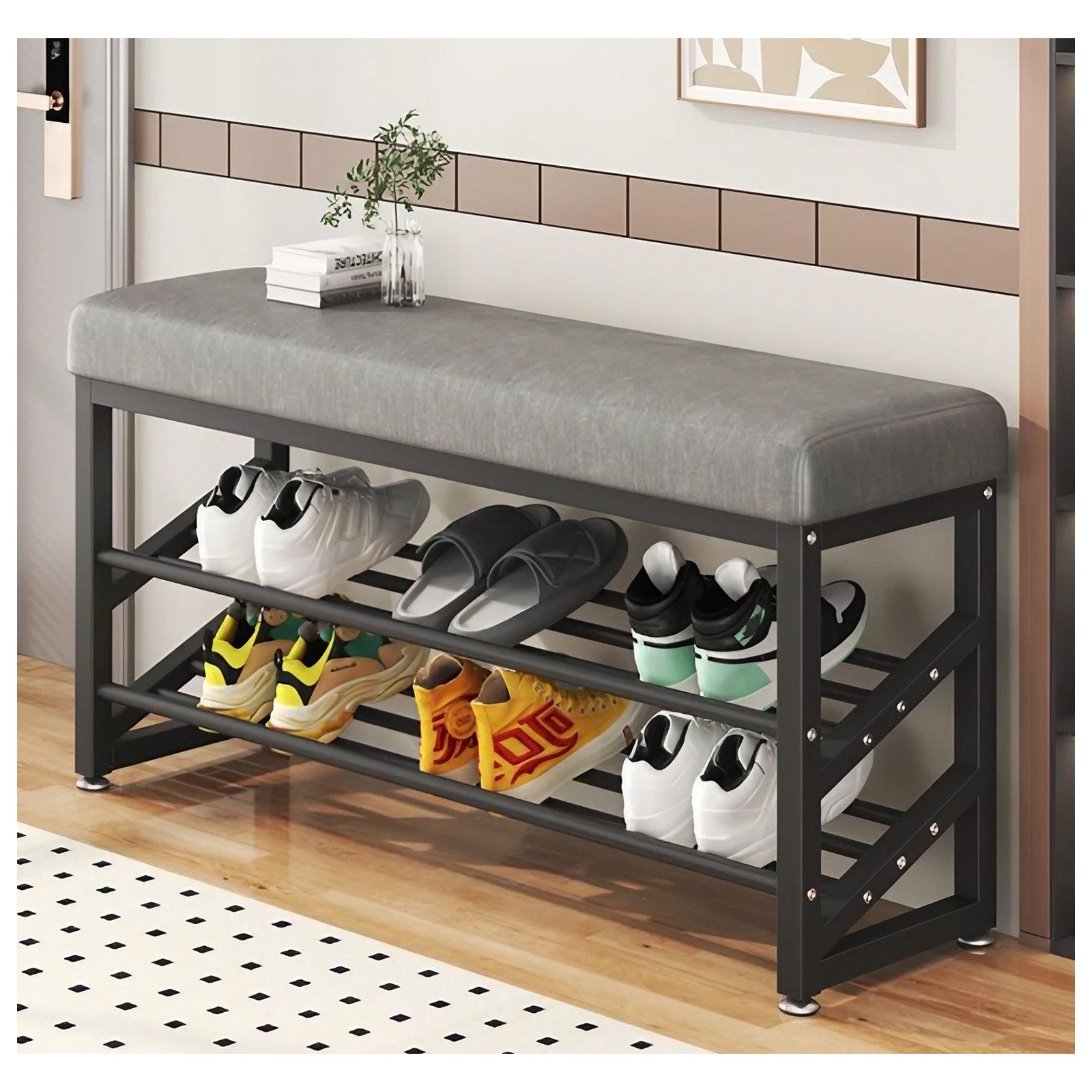 HTI-Living Schuhregal Schuhregal Metall 2 Ebenen mit Sitzkissen Grau, Stück 1-tlg.