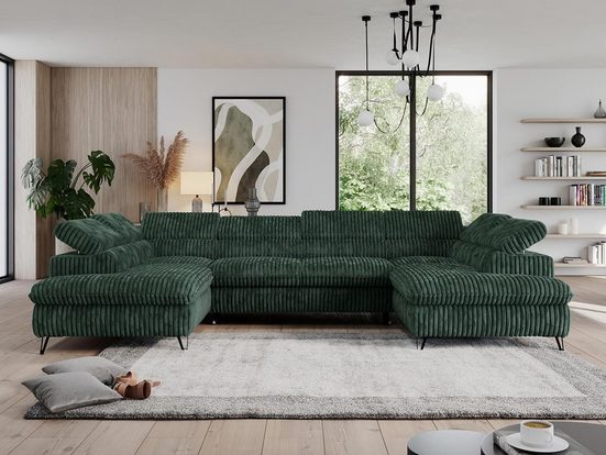 MKS MÖBEL Ecksofa PEDRO U, große U-förmige Ecke, Schlaffunktion, mit verstellbaren Kopfstützen Cord Grün Tilia