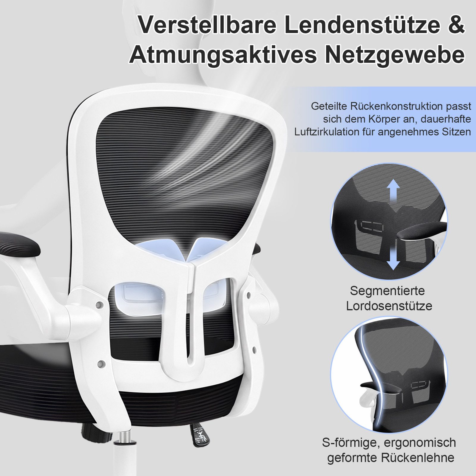 Durrafy Bürostuhl Ergonomischer Bürostuhl,Schreibtischstuhl mit klappbaren Armlehnen (Höhenverstellbarer Drehstuhl mit Wippfunktion bis 130°,Computerstuhl mit verstellbarer Lendenwirbelstütze und leisen Rollen), Chefsessel mit 150 kg Tragfähigkeit
