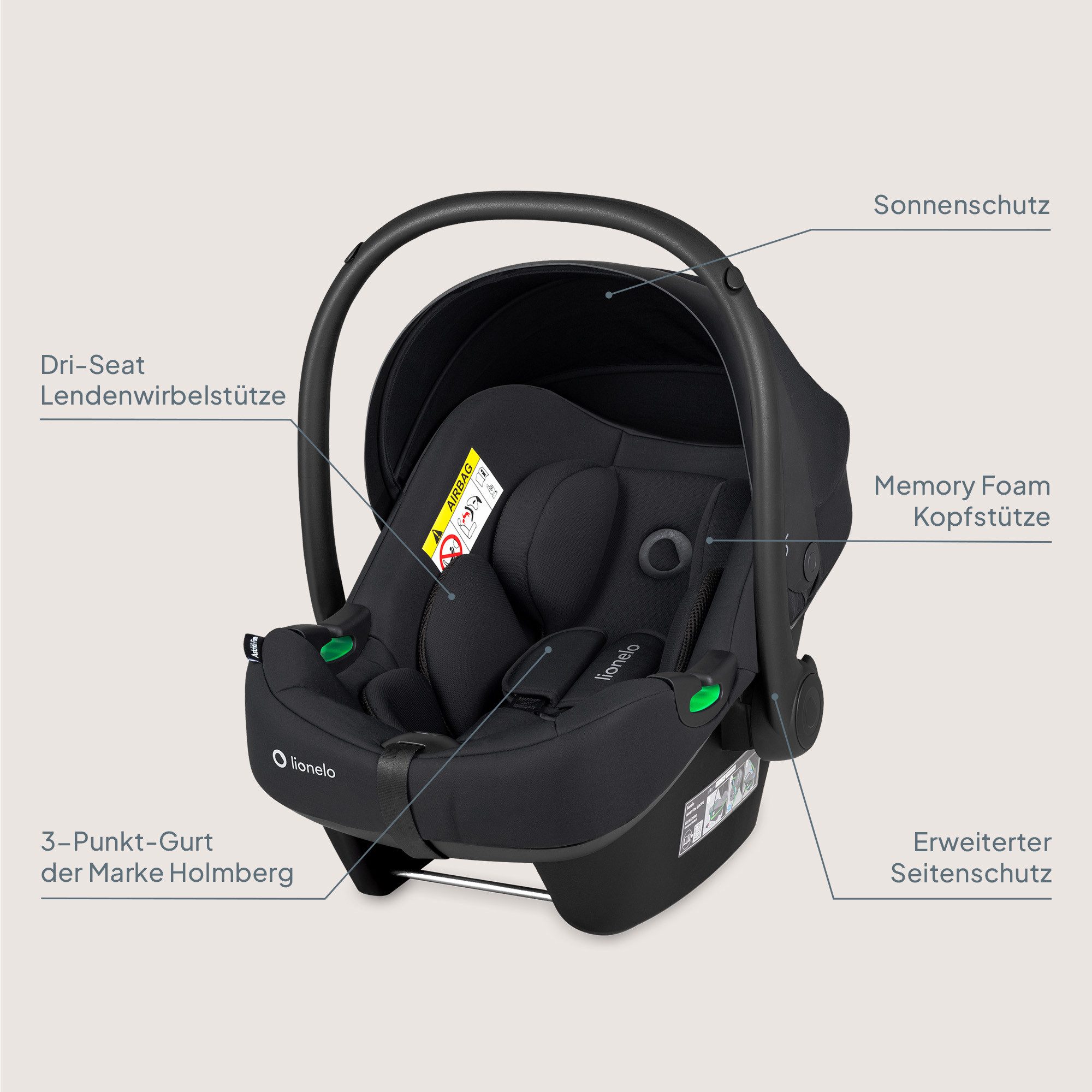 lionelo Babyschale ASTRID I-SIZE, ab: ab Geburt, bis: bis 87 cm, ab: 40,00 cm, bis: 87,00 cm, (Set), Sehr stabiler Träger, Höhenverstellung, Modernes Design