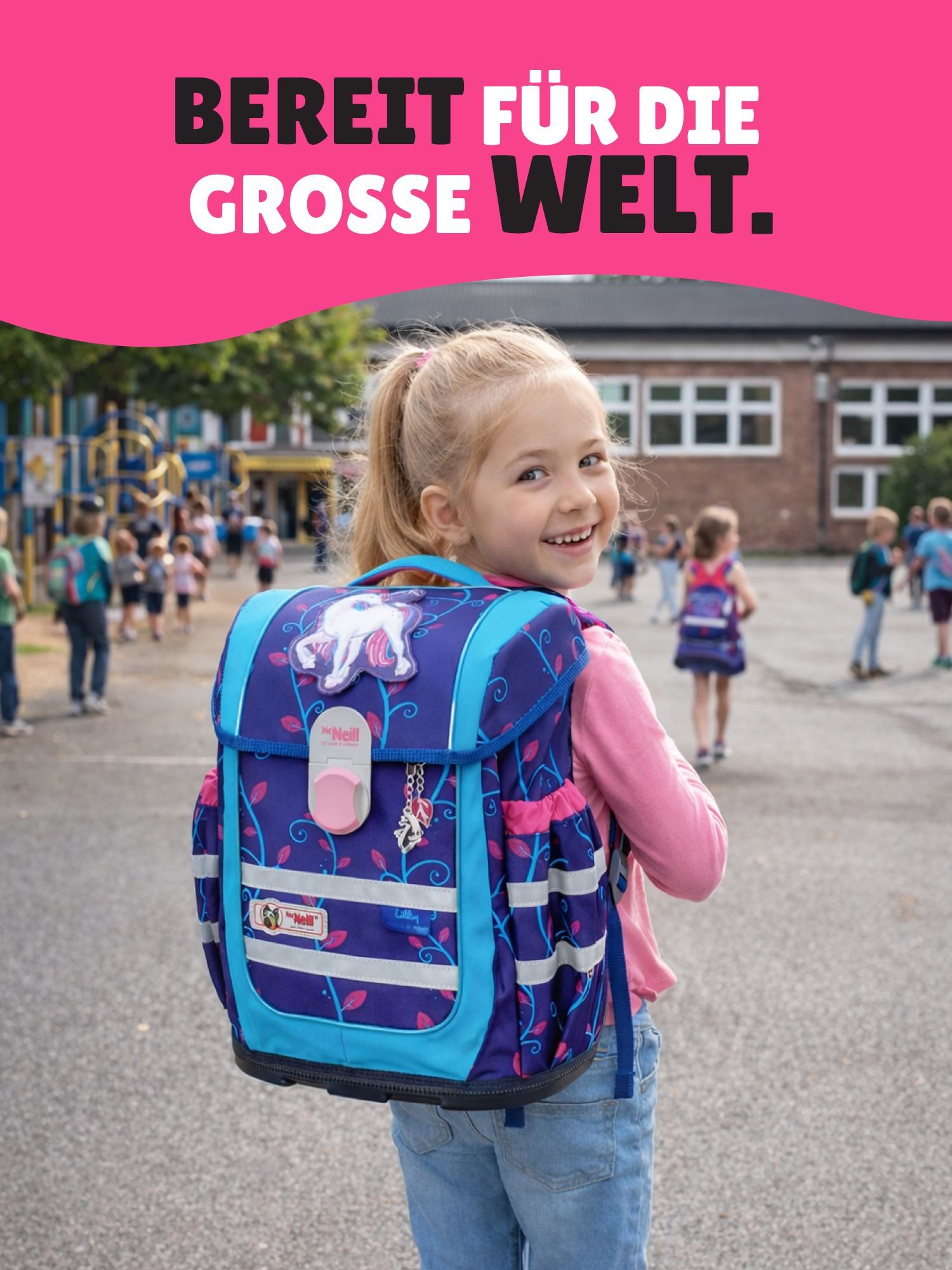 McNeill Schulranzen Ergo Complete "Lilly" Unicorn Einhorn Schultasche ab der 1. Klasse (Set, 9-tlg., inkl. Federmappe und Sporttasche), ergonomisch; mit Brustgurt; höhenverstellbar - wächst mit dem Kind mit