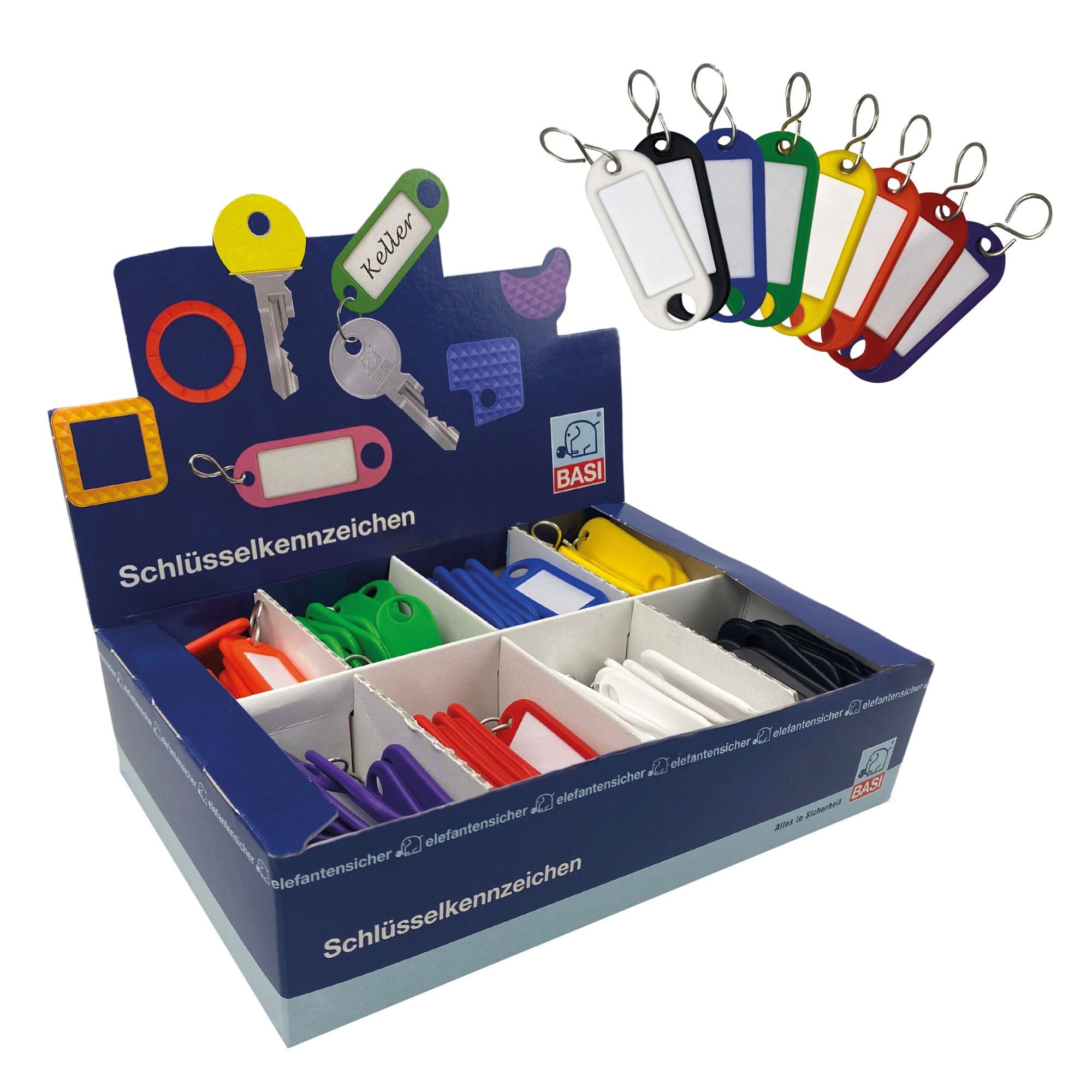 BASI Schlüsselanhänger im Verkaufsdisplay (Packung), Standardfarben mit S-Haken, 1 VE = 200 Stück, 8-farbig sortiert