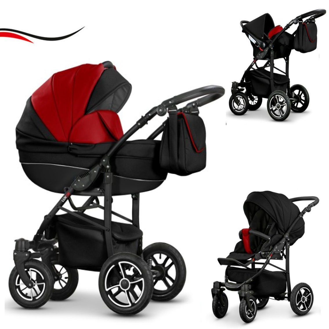 Kinderwagen-Set Schwarz-Rot Cosmo Farben - in 3 29 in 1 ECO Kunstleder 16 - babies-on-wheels Teile Kombi-Kinderwagen