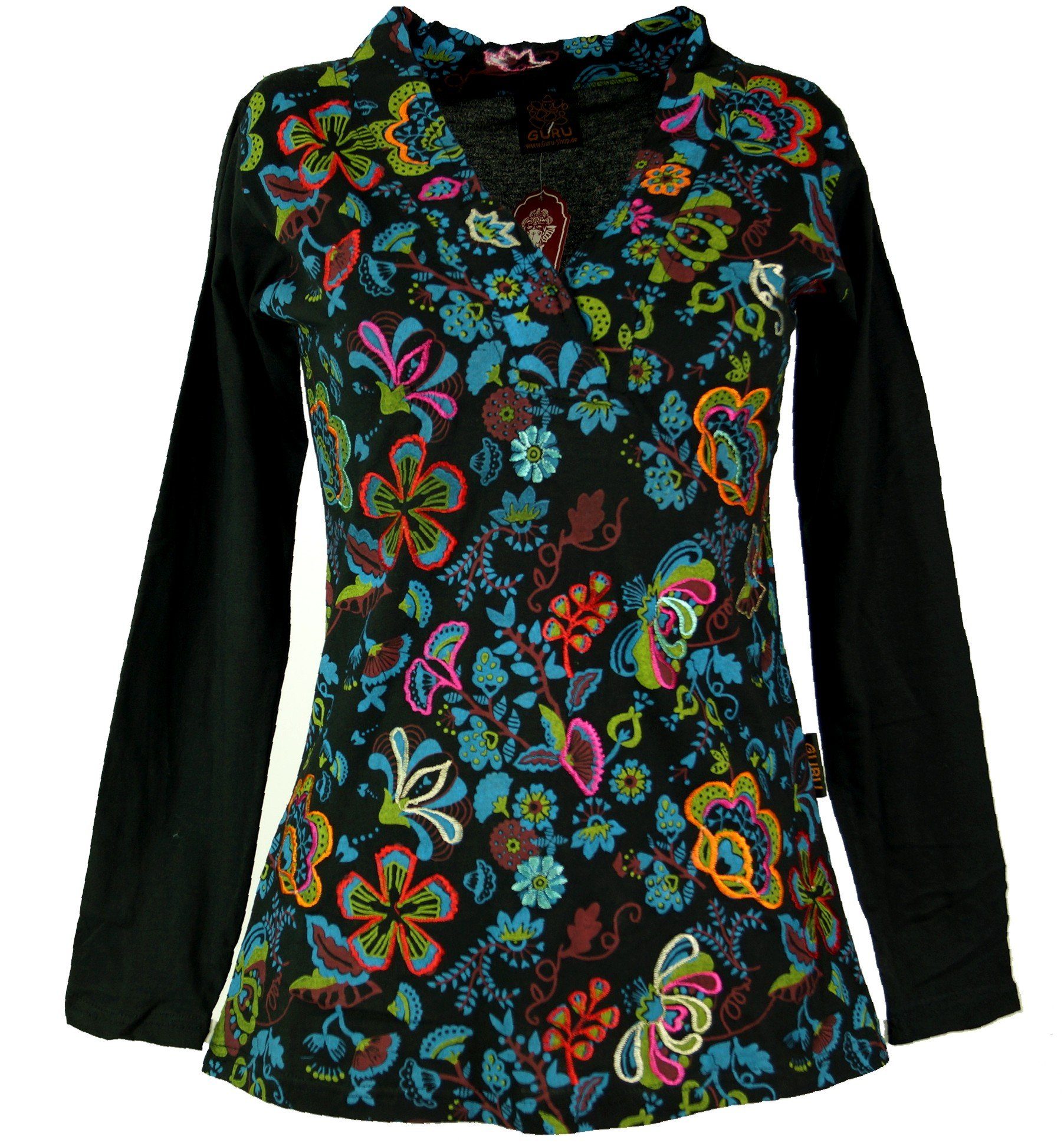 Guru-Shop Longsleeve Besticktes Langarmshirt mit V-Neck Flower Power.. alternative Bekleidung schwarz/bunt