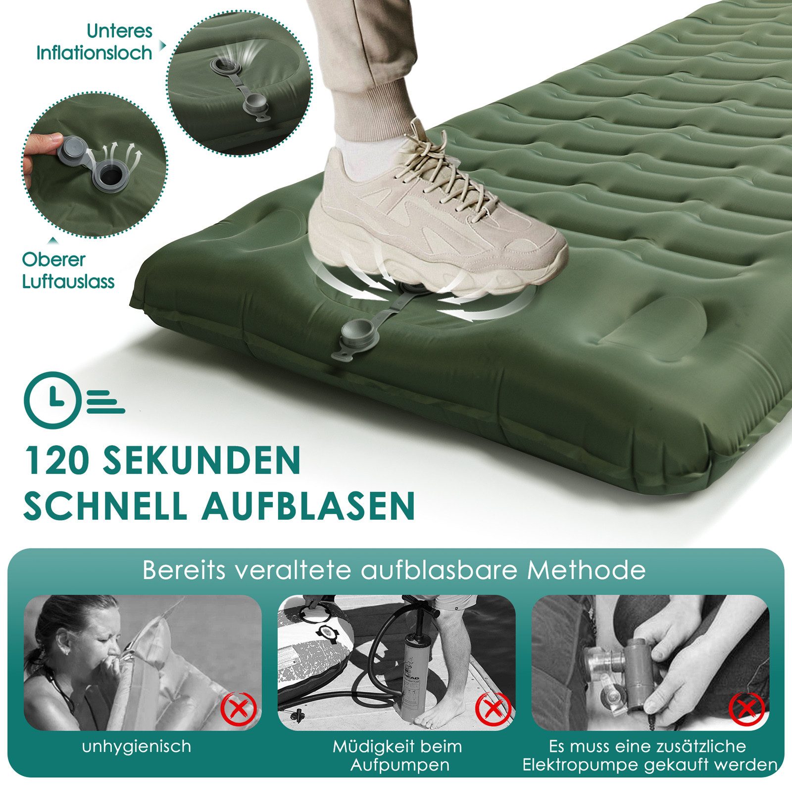 CALIYO Isomatte Ultraleicht Isomatte mit integrierter Fußpumpe, Camping Outdoor, Rutschfest, wasserdicht & reißfest für maximalen Komfort