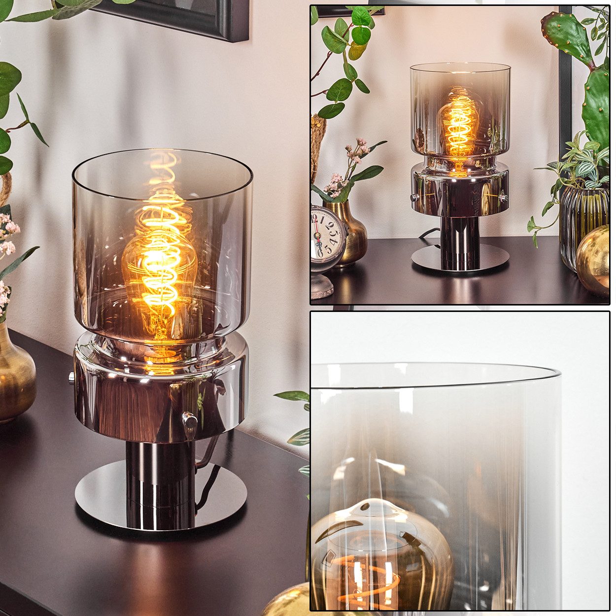hofstein Tischleuchte Tischlampe aus Metall/Glas in Schwarz/Chrom/Rauchfarb günstig online kaufen