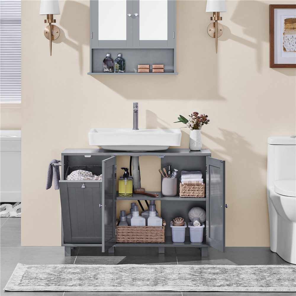 Yaheetech Waschbeckenunterschrank Badunterschrank mit 3 Türen und Verstellbarem Einlegeboden 90 cm L × 30 cm B × 62,5 cm H Unterschrank mit Integriertem Wäschek – Bild 2 von 5