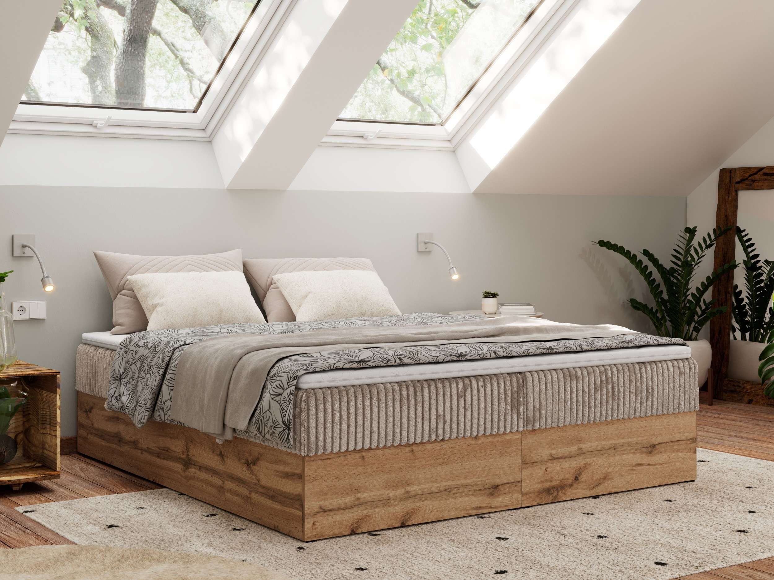 MKS MÖBEL Boxspringbett WOOD ZERO (Set, Bett, Polsterbett mit integrierten Matratzen, 2 Bettkästen, H3/H4), Topper T25 oder Visco optional, ohne Kopfteil