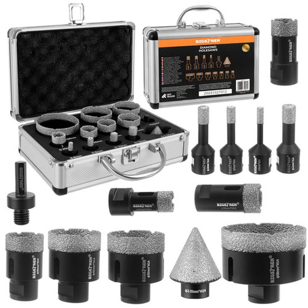 BIGSTREN Lochsäge Diamant-Lochbohrer M14-Zahnkränze 6-68 mm, Ø 68 mm, Spar-Set, 7-tlg., 11.000 U/min, Kompatibilität mit Winkelschleifern und klassischen Bohrmaschinen