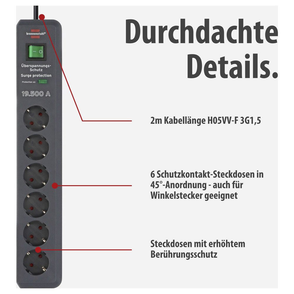 Brennenstuhl 6fach Überspannungsschutz-Steckdosenleiste 1159540366 Steckdosenleiste, Überspannungsschutz, mit Schalter, erhöhter Berührungsschutz – Bild 2 von 5