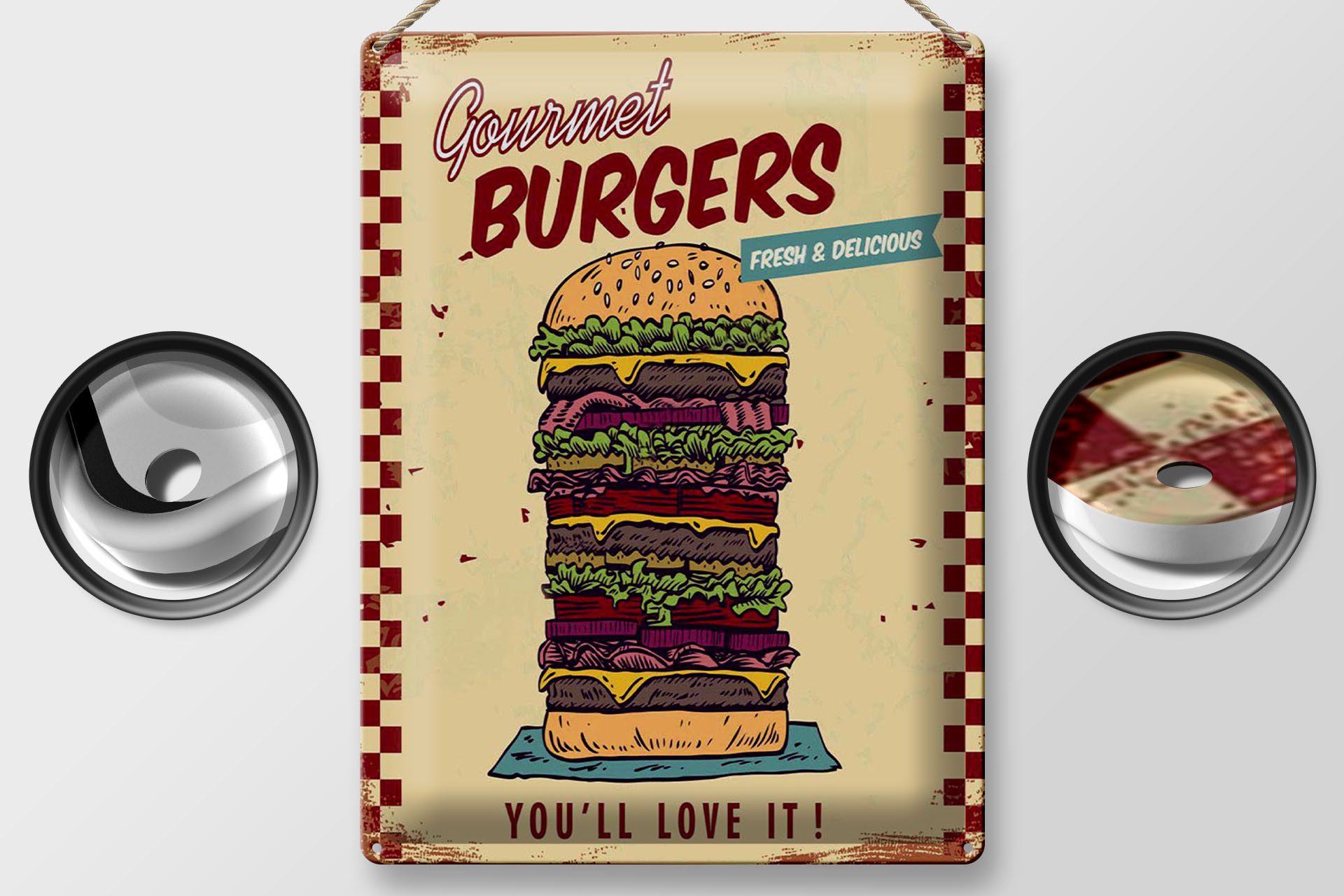 Femer GmbH Metallschild Reklame 30x40 cm Gourmet Burgers, (1 St), gewölbte Oberfläche, abgerundete Ecken, umgeschlagene Kanten