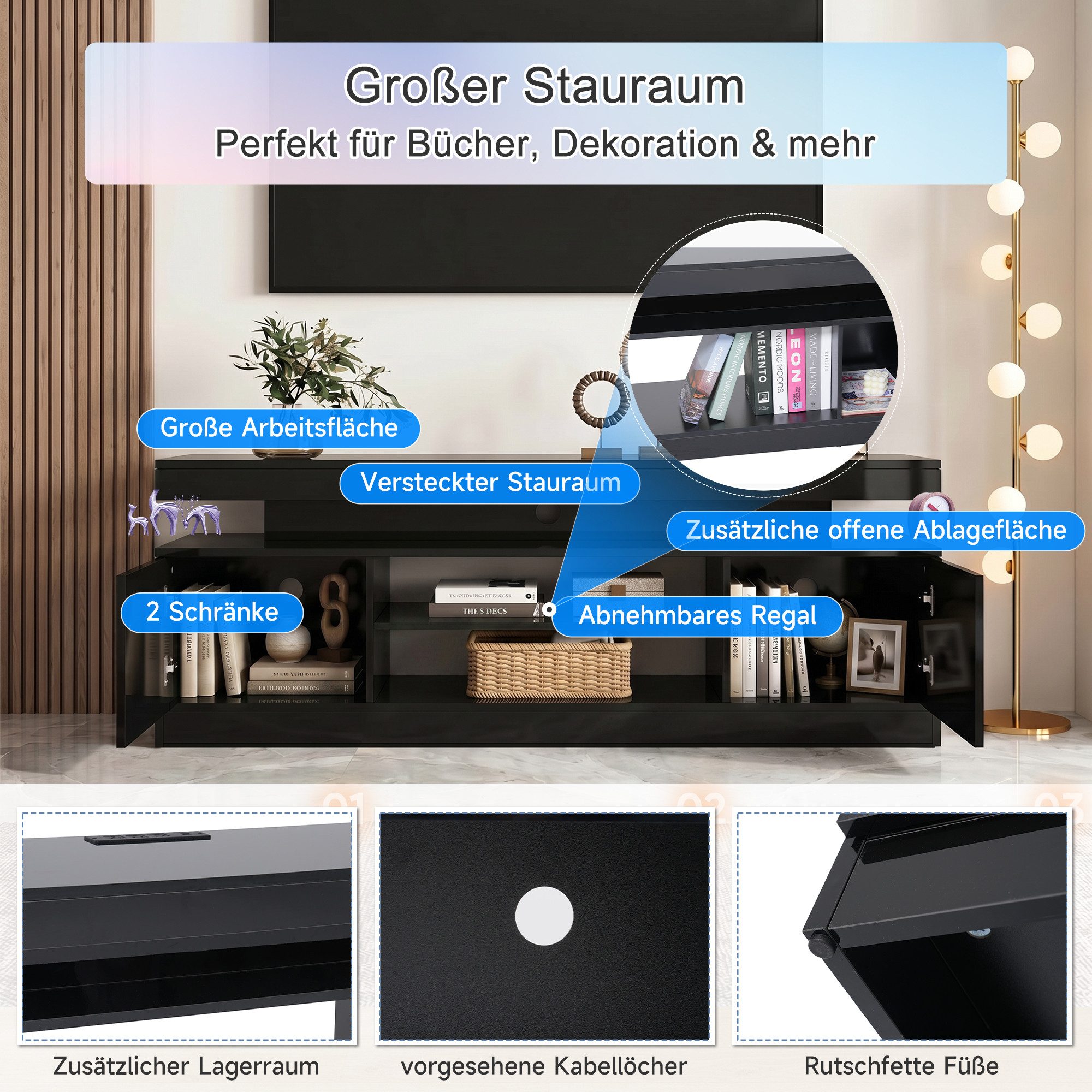 Sunsitt TV-Schrank 160 cm TV-Schrank (Weiß TV-Board mit 2 Fach, TV-Regal für Fernseher bis zu 65 Zoll) TV Kommode für Wohnzimmer, Esszimmer, Schlafzimmer, Weiß