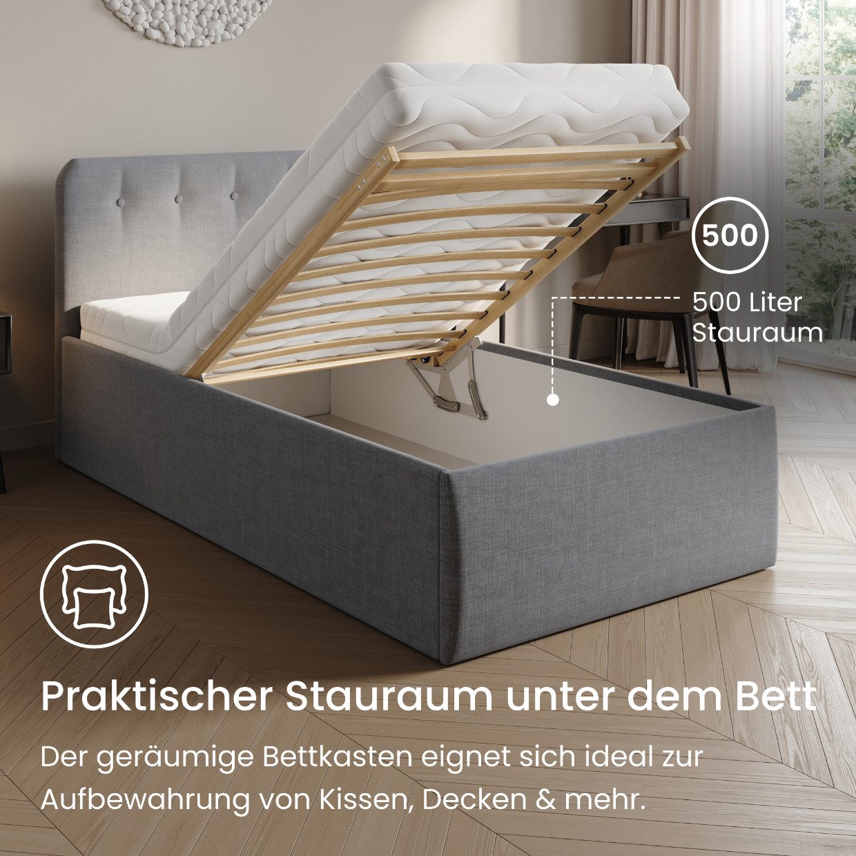 Home Collective Polsterbett Bett mit Stauraum, verstellbarem Lattenrost, viele Größen (Größen: 100x200 120x200 140x200 160x200 180x200 200x200, hochwertiger Strukturstoff, made in Germany), modernes Design mit hochwertigem Strukturstoff 100x200 cm, Grau