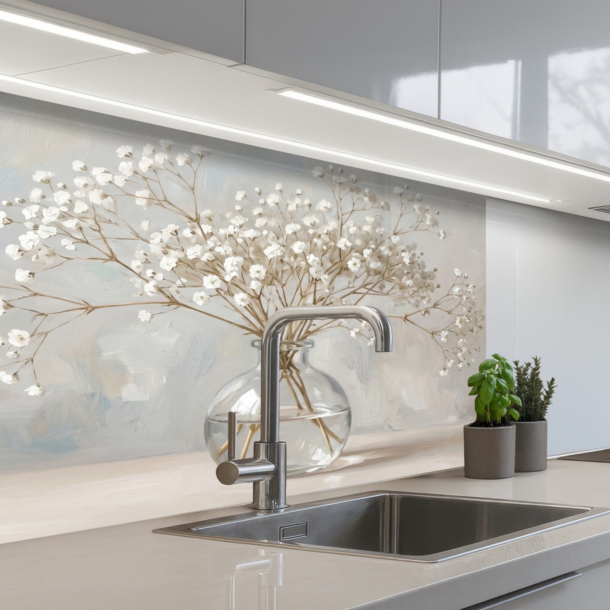 KitchenYeah Küchenrückwand selbstklebend (keine Folie) Vase - Gipskraut - Weiß, (1-tlg), Spritzschutz, Küche, Rückwand, Küchenwand, Küchenfront, 80x60 cm