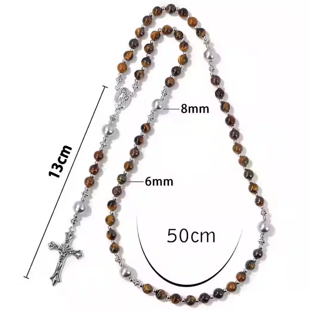 Ware aus aller Welt Kette ohne Anhänger Rosenkranz Gebetskette Tigerauge-Perlen Halskette mit Kreuzanhänger (1-tlg)
