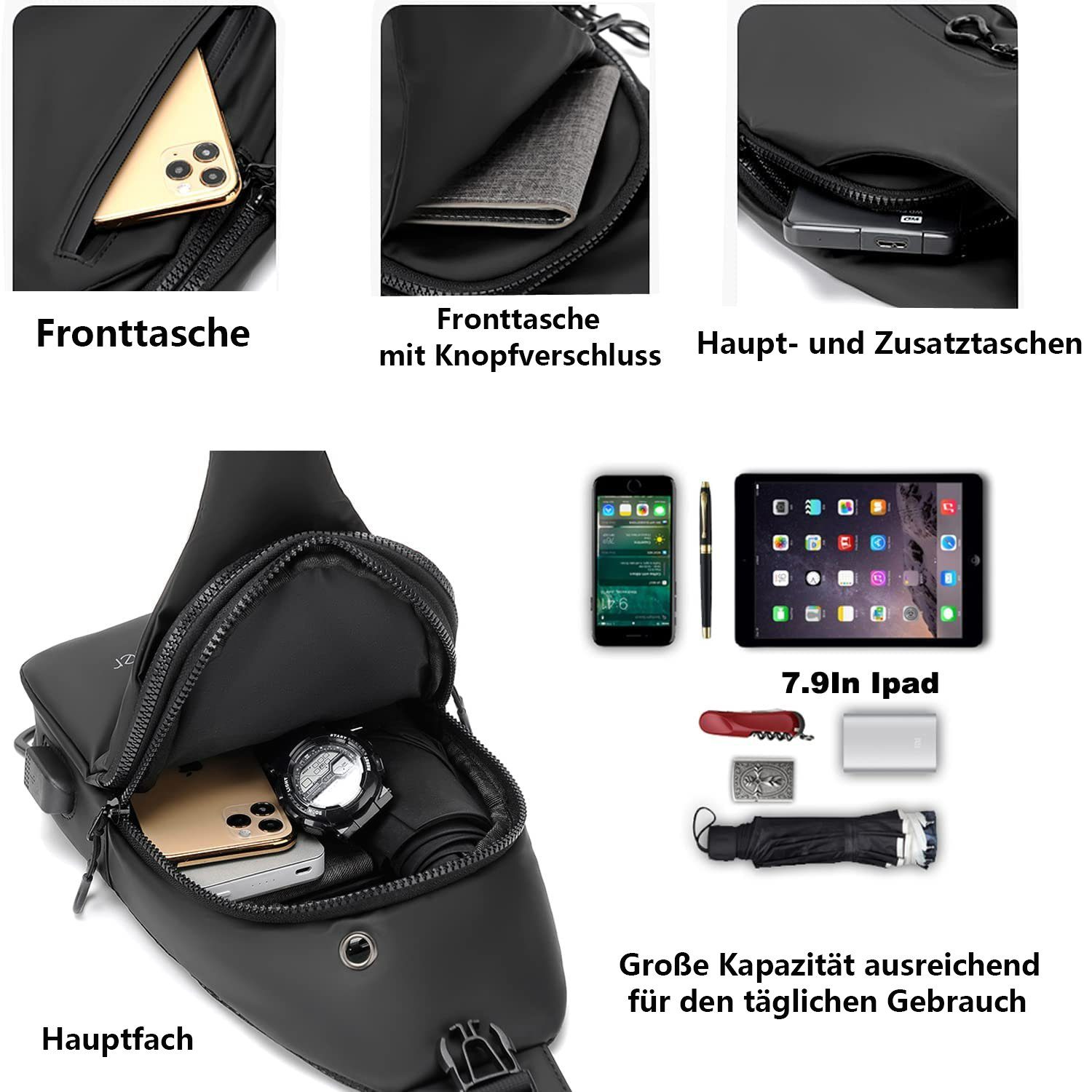 GelldG Umhängetasche Anti-Diebstahl Sling Tasche wasserdicht mit Bag USB-Ladeanschluss Schwarz