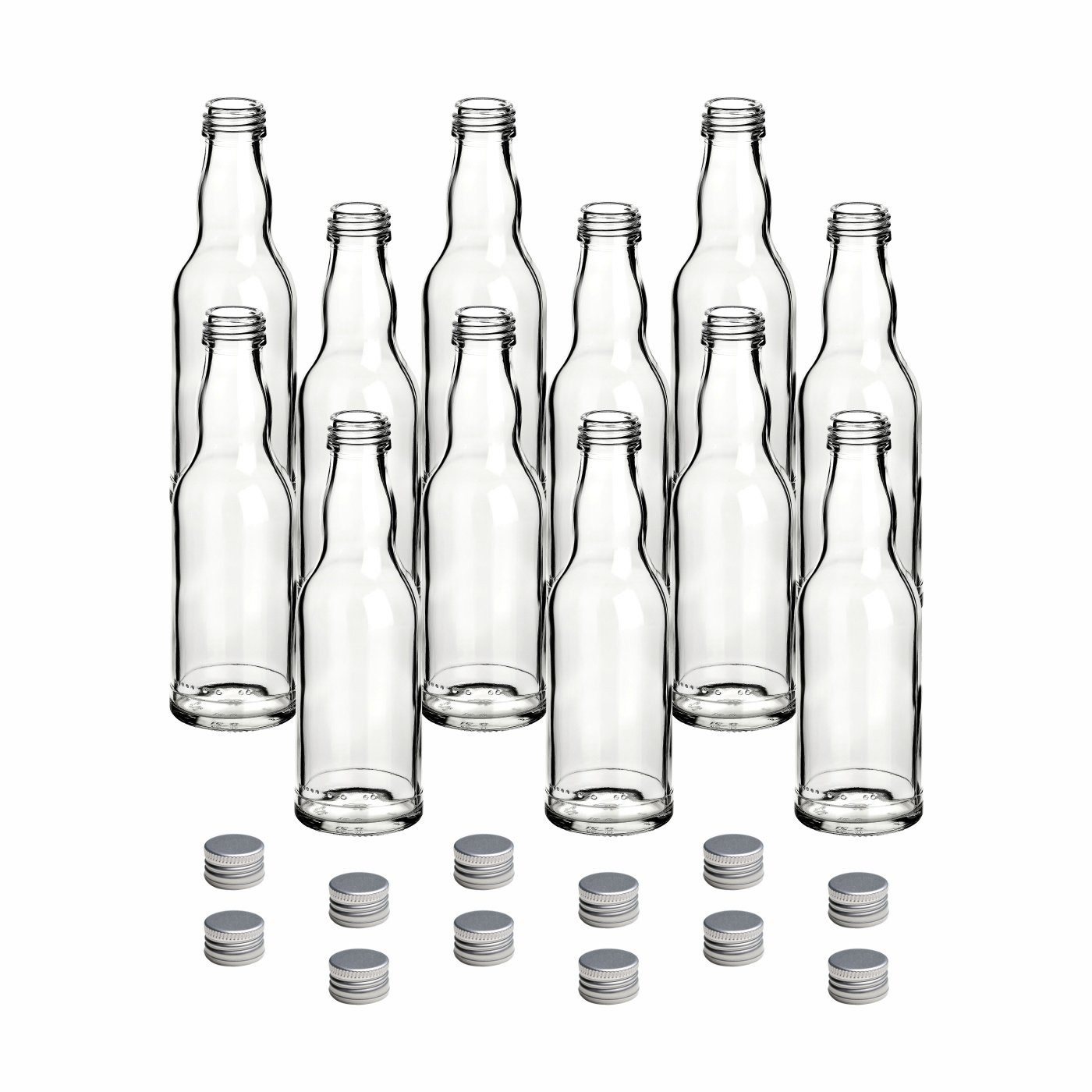 gouveo Trinkflasche Glasflaschen 200 ml mit Set, Kleine 0,2l, Schraub-Deckel - Kropfhals 12er silberfarben Flasche