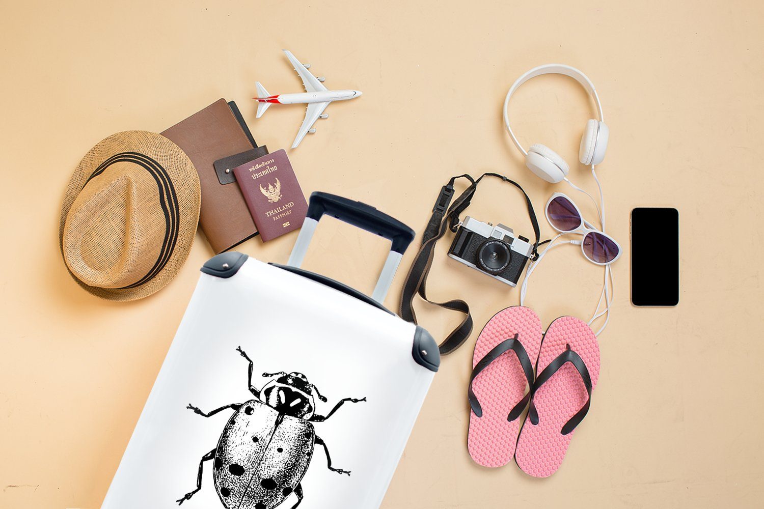 Reisetasche Trolley, 4 MuchoWow Rollen, für Vintage weiß, Handgepäckkoffer - rollen, und Schwarz mit Insekten Ferien, Reisekoffer Marienkäfer Handgepäck - -