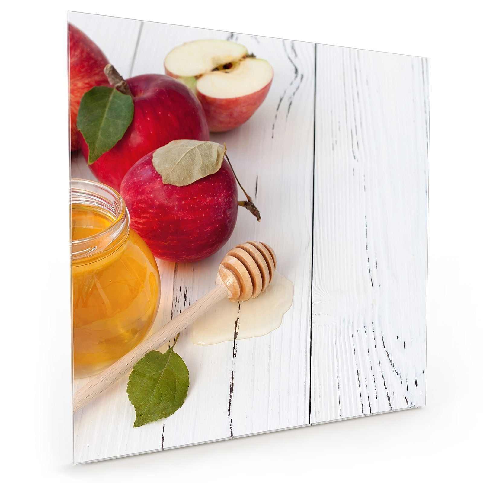Primedeco Küchenrückwand Küchenrückwand Spritzschutz Glas mit Motiv Apfel und Honig auf Tisch