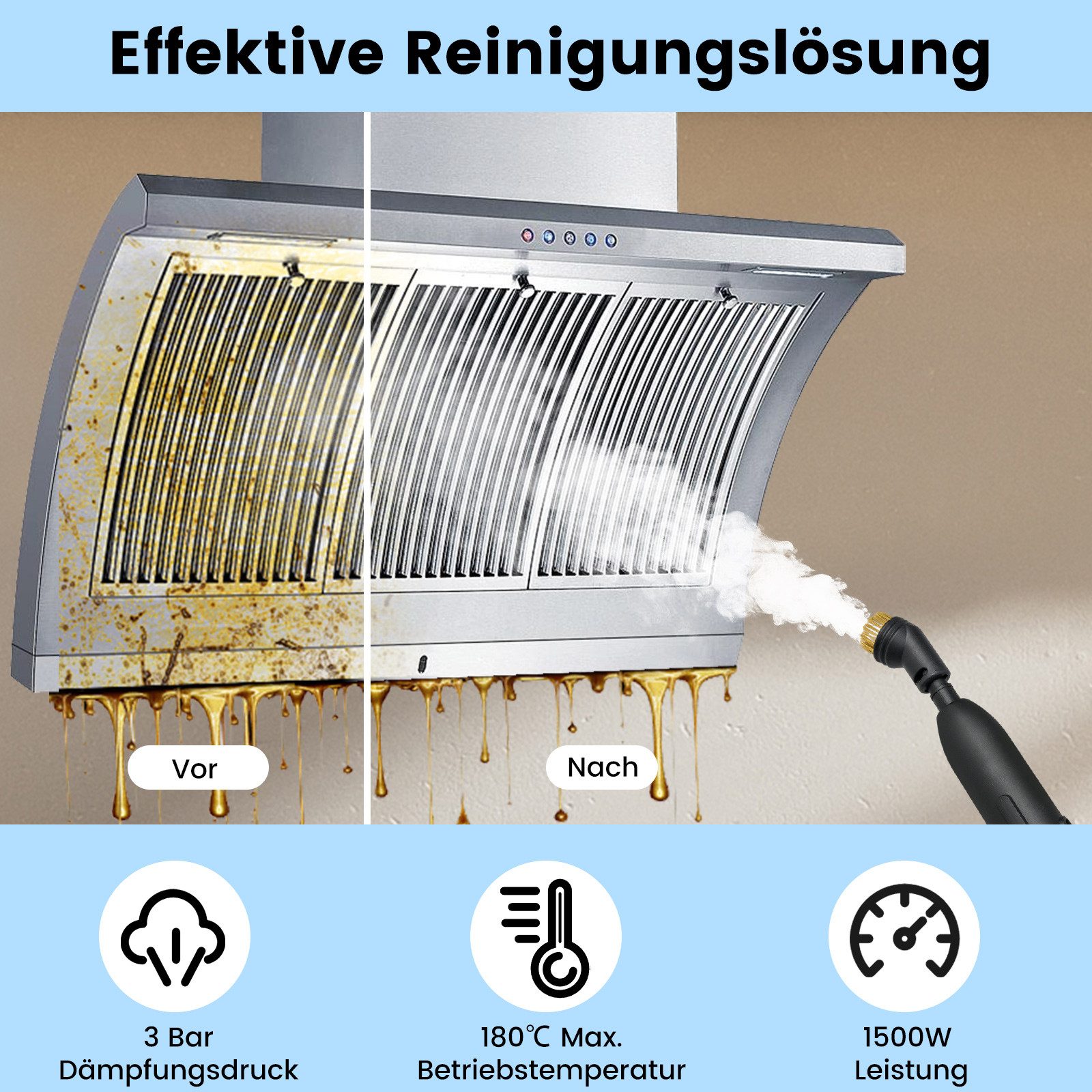 COSTWAY Dampfreiniger, 1500 W, 3 bar, bis 180℃, Handgerät mit 10 Teilen