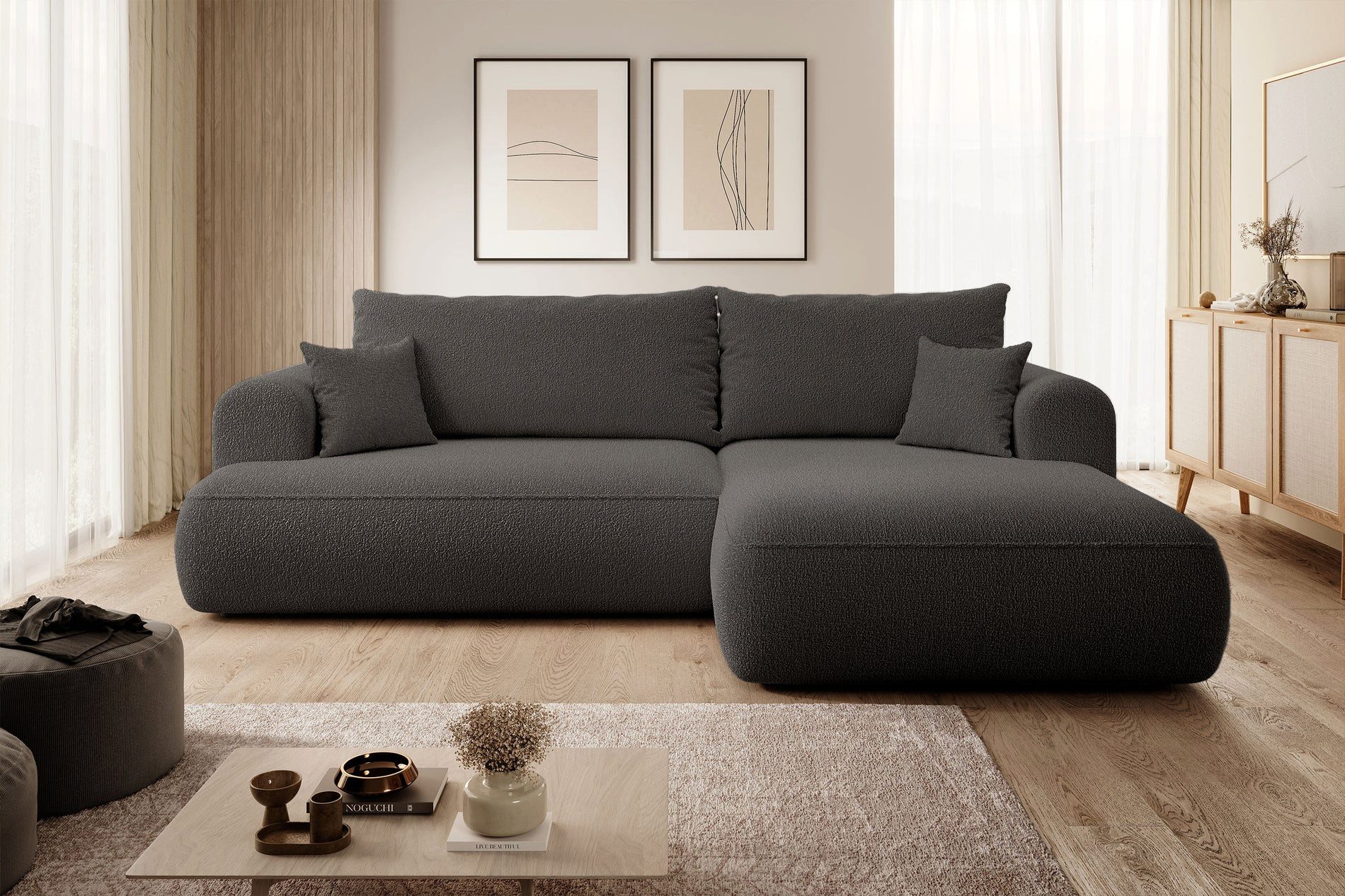 Selsey Ecksofa OVO, Schlaffunktion 142x210 cm, Bettkasten, Boucle-Bezug