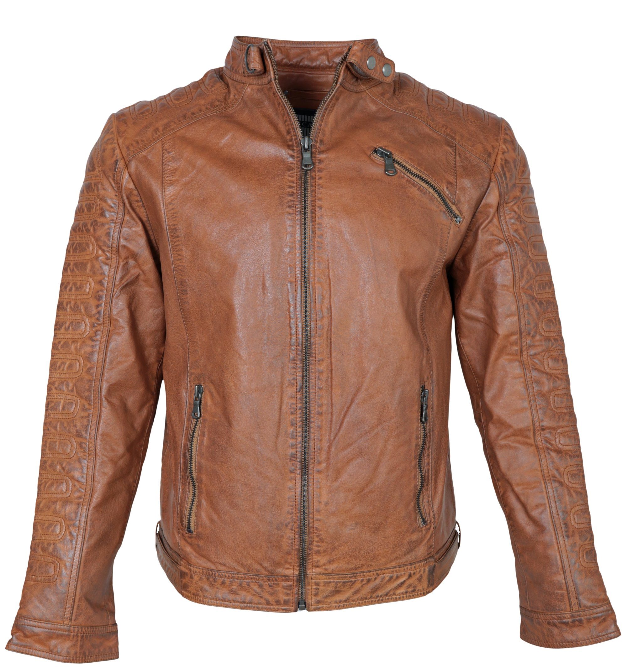 RICANO Lederjacke Erik Bikerapplikationen auf der Schulter, Hochwertiges Büffel Leder cognac braun