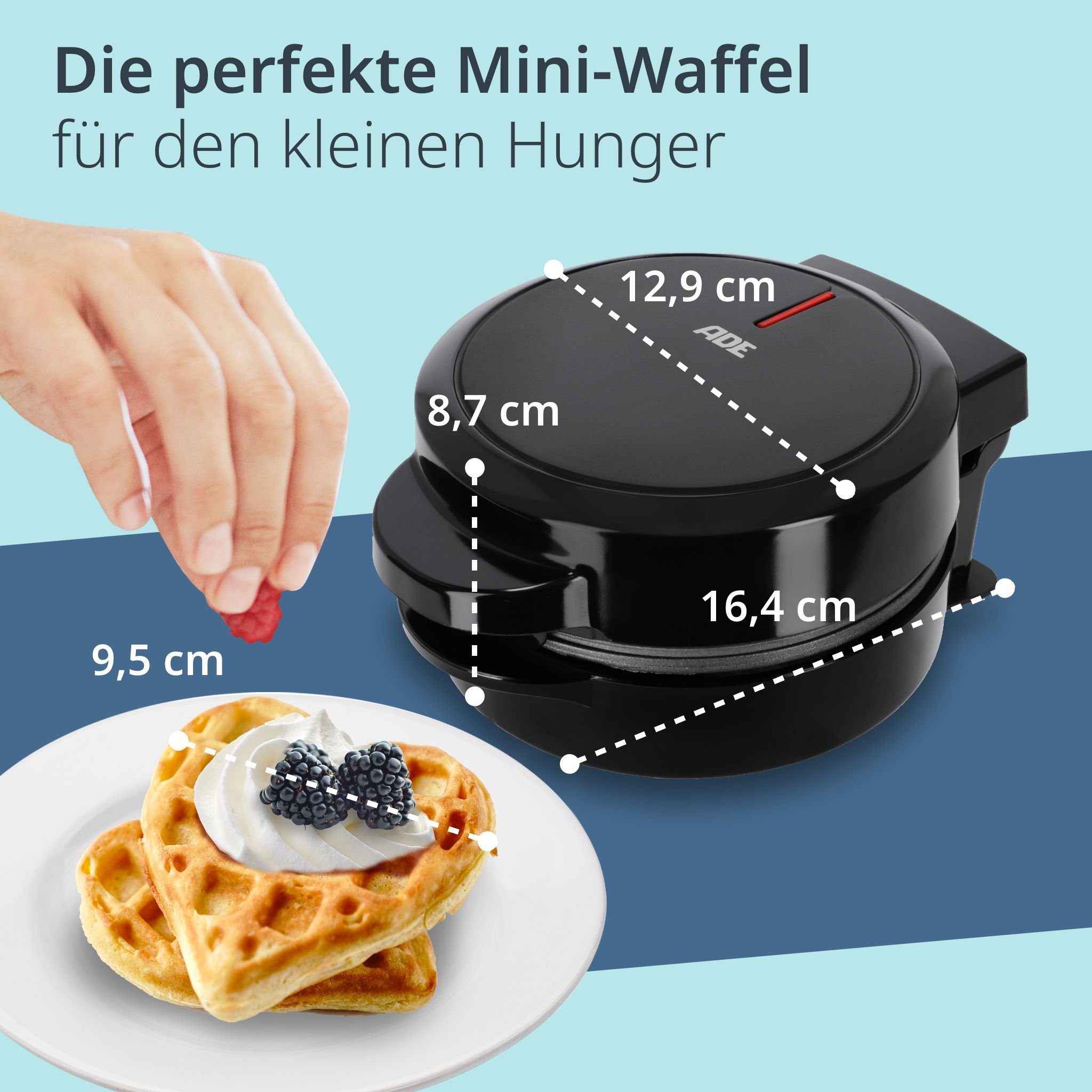 ADE Waffeleisen Mini Herzform oder runde Form für klassische belgische Waffeln, kleiner Waffelmaker mit Antihaftbeschichtung, Geburtstag, Valentinstag