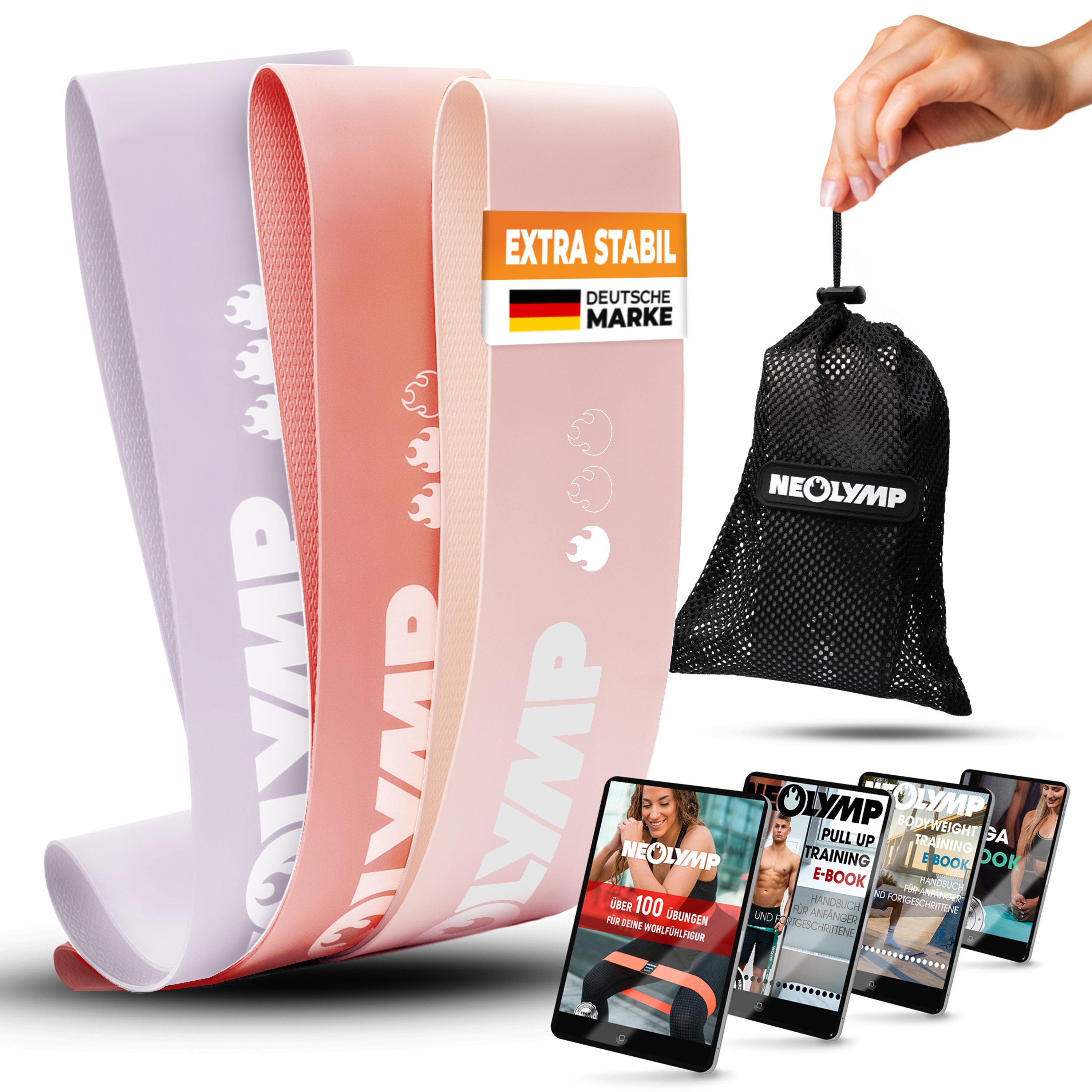 NEOLYMP Trainingsbänder Minibänder Latex 3er Set - Fitnessbänder & Resistance Bands, Rutschfest, mit E-Book, Langlebig, Waschbar, Sanft zur Haut