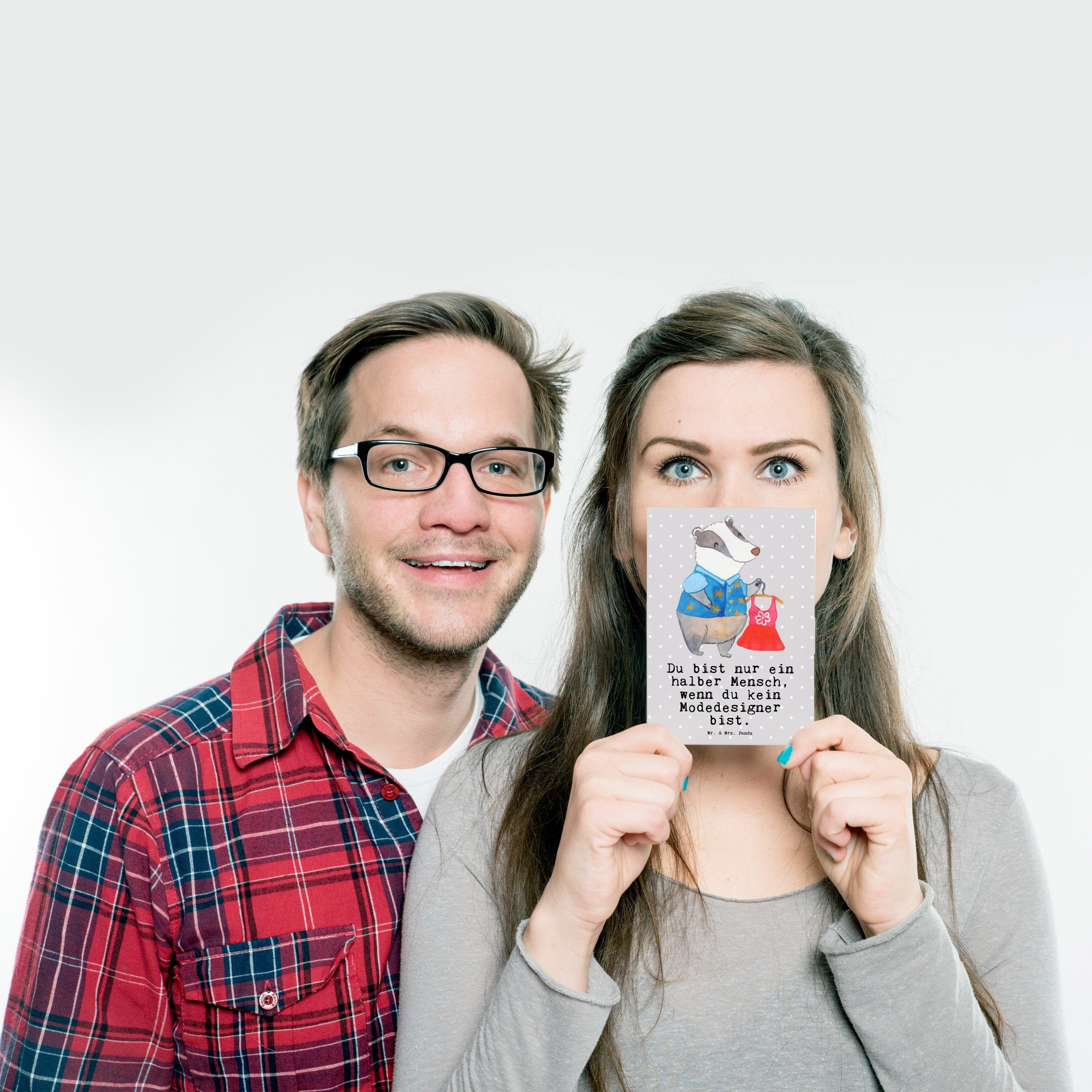 Mr. & Mrs. Herz Panda Fashio Modeschöpfer, Geschenk, - mit Modedesigner Postkarte - Grau Pastell