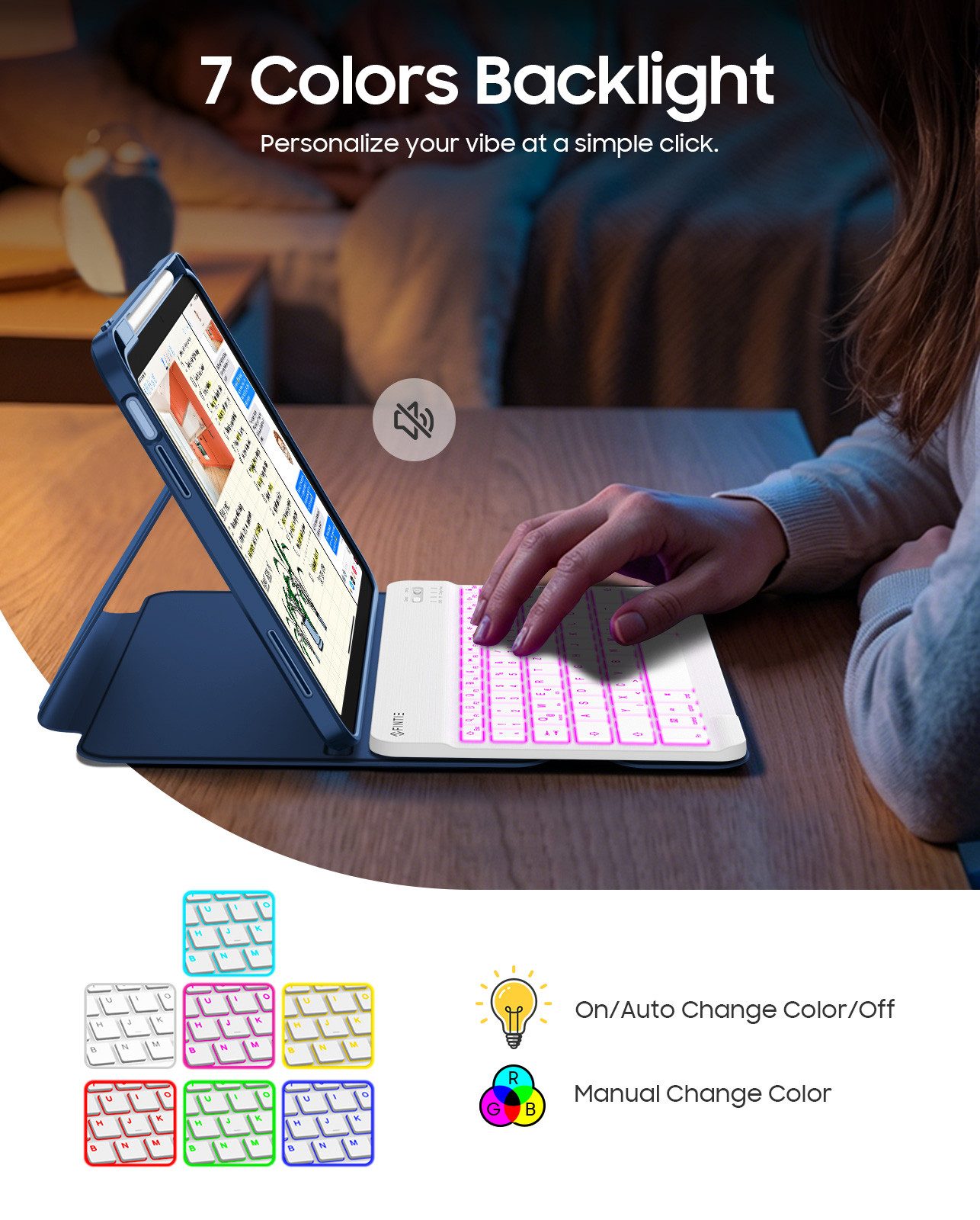 Fintie mit 360° drehbare Hülle für iPad A16 11/10. Generation 11/10,9 Zoll Tastatur (7-farbige Hintergrundbeleuchtung magnetisch Bluetooth-Tastatur) – Bild 5 von 5